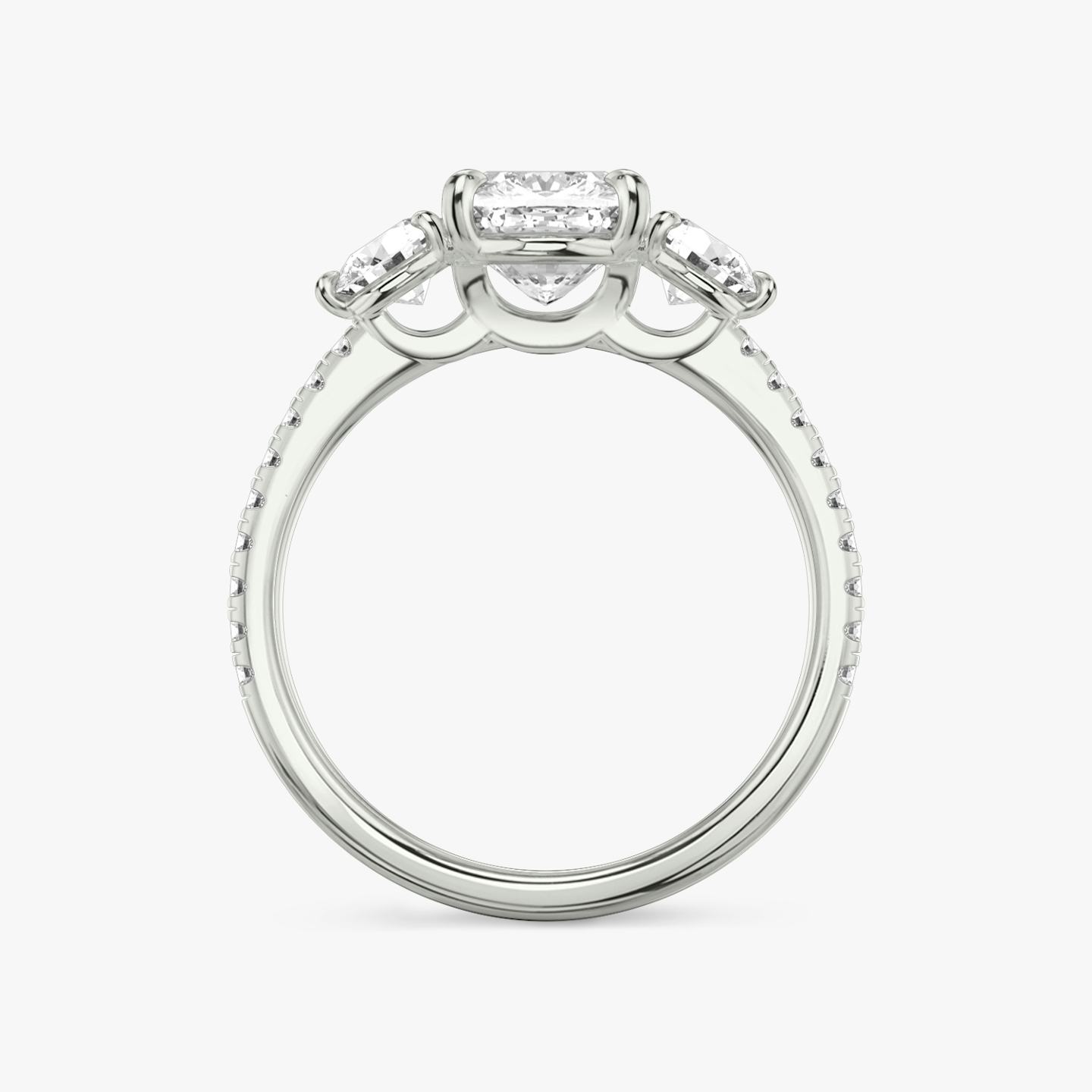 The Three Stone | Pavé Cushion | 18k | 18k White Gold | Band: Pavé | Side stone carat: 1/4 | Side stone shape: Round Brilliant | Diamond orientation: vertical | Carat weight: See full inventory
