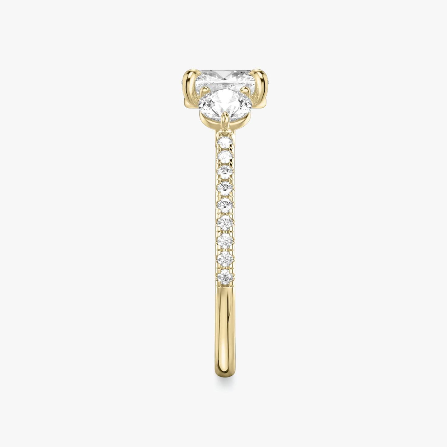 The Three Stone | Pavé Cushion | 18k | 18k Yellow Gold | Band: Pavé | Side stone carat: 1/4 | Side stone shape: Round Brilliant | Diamond orientation: vertical | Carat weight: See full inventory