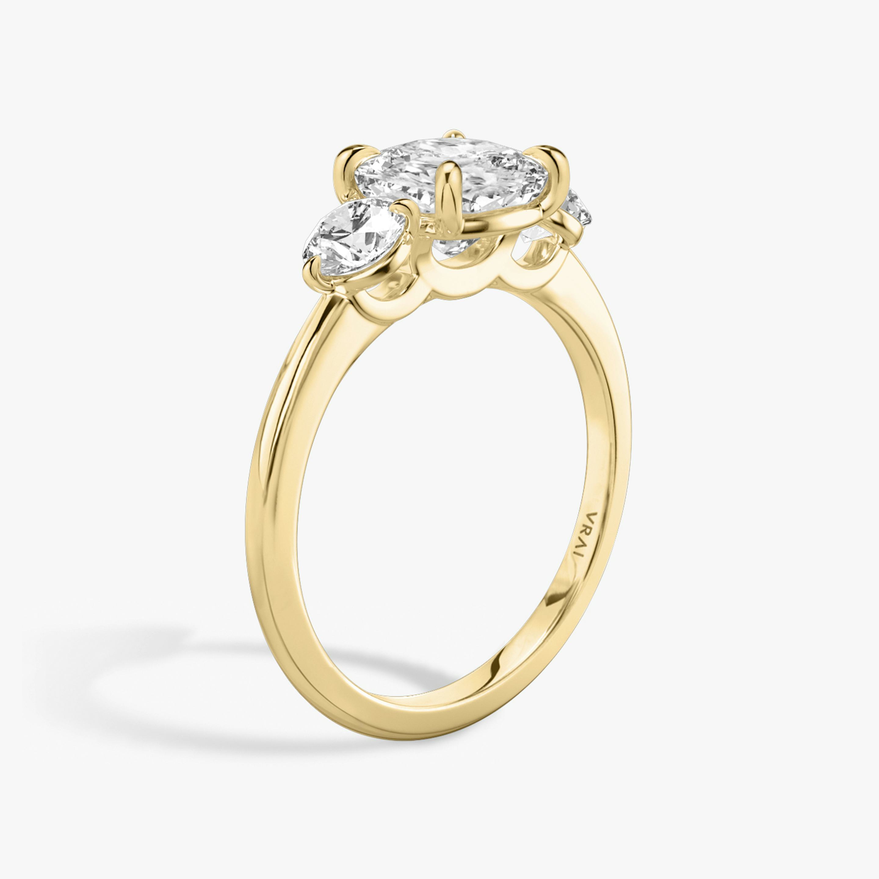 The Three Stone | Pavé Cushion | 18k | 18k Yellow Gold | Band: Plain | Side stone carat: 1/4 | Side stone shape: Round Brilliant | Diamond orientation: vertical | Carat weight: See full inventory