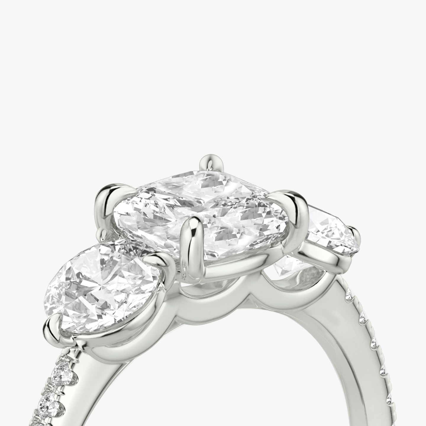 The Three Stone | Pavé Cushion | 18k | 18k White Gold | Band: Pavé | Side stone carat: 1/2 | Side stone shape: Round Brilliant | Diamond orientation: vertical | Carat weight: See full inventory
