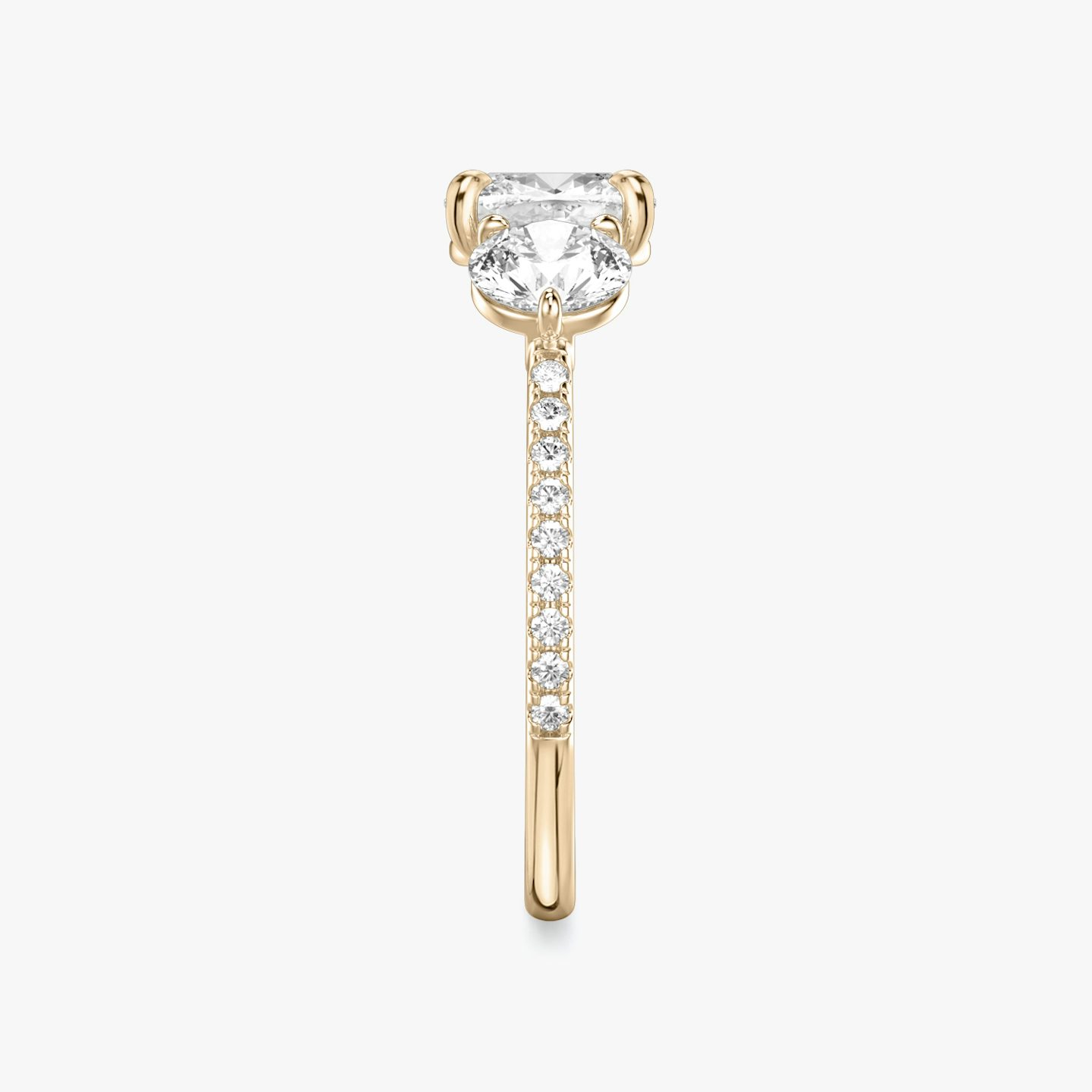 The Three Stone | Pavé Cushion | 14k | 14k Rose Gold | Band: Pavé | Side stone carat: 1/2 | Side stone shape: Round Brilliant | Diamond orientation: vertical | Carat weight: See full inventory