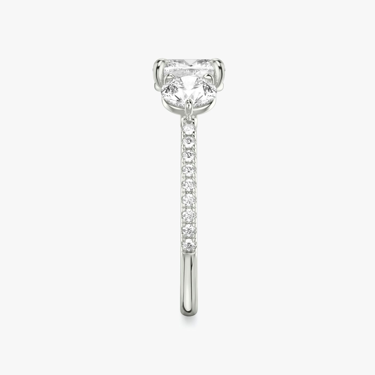 The Three Stone | Pavé Cushion | 18k | 18k White Gold | Band: Pavé | Side stone carat: 1/2 | Side stone shape: Round Brilliant | Diamond orientation: vertical | Carat weight: See full inventory