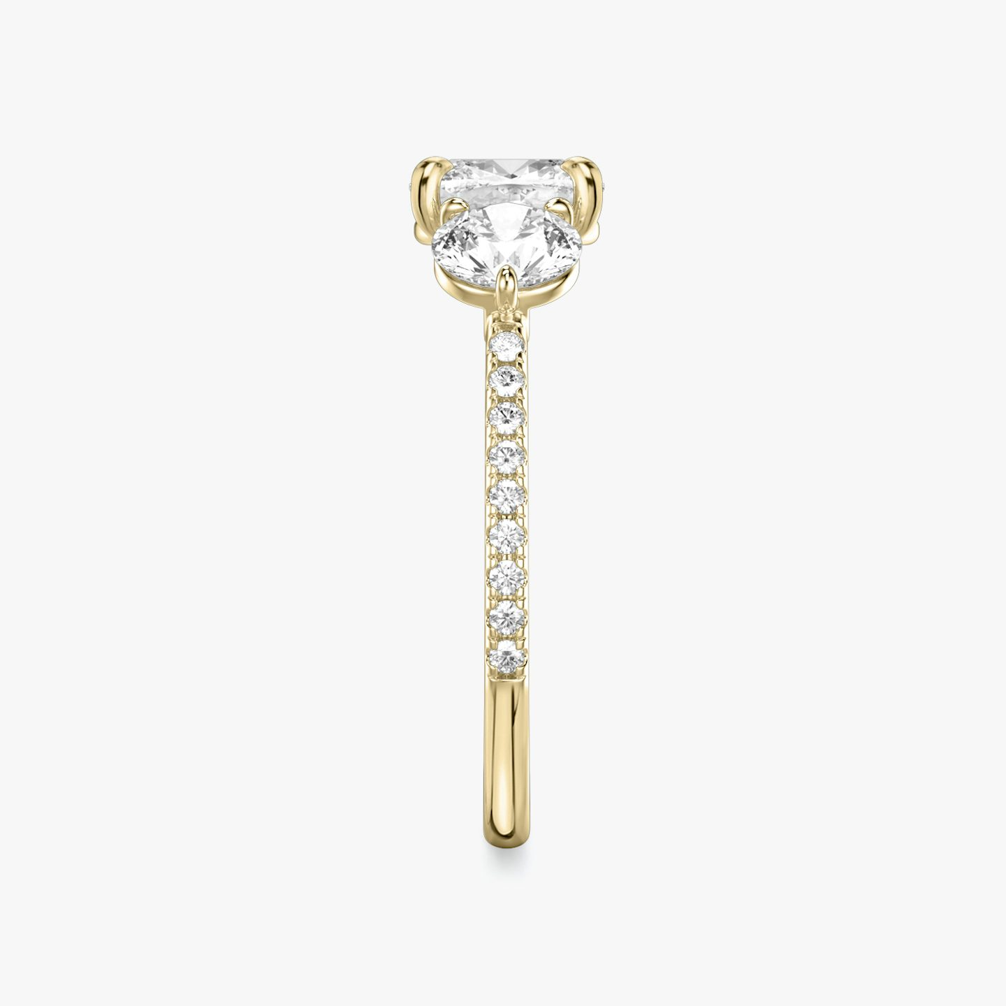 The Three Stone | Pavé Cushion | 18k | 18k Yellow Gold | Band: Pavé | Side stone carat: 1/2 | Side stone shape: Round Brilliant | Diamond orientation: vertical | Carat weight: See full inventory