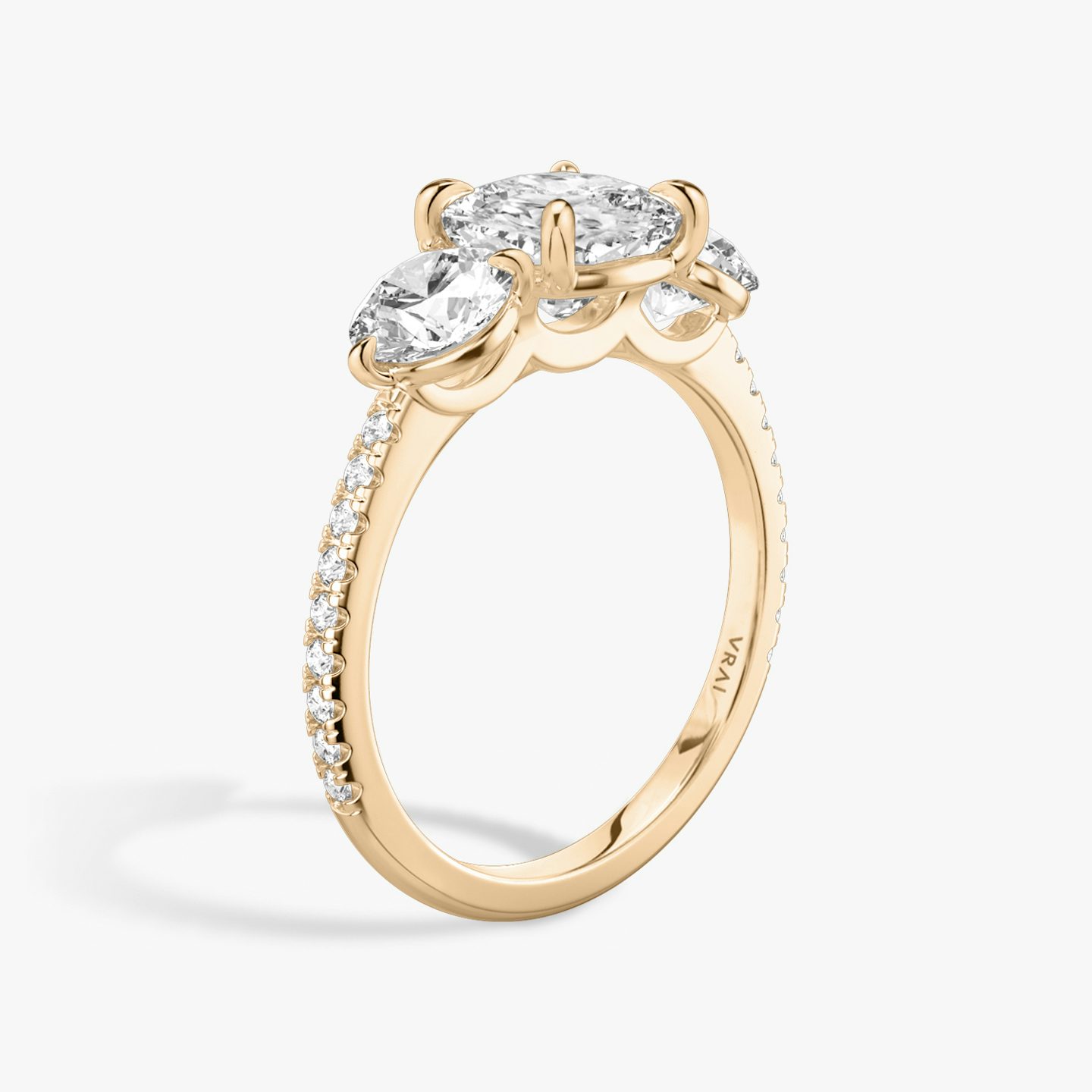 The Three Stone | Pavé Cushion | 14k | 14k Rose Gold | Band: Pavé | Side stone carat: 1/2 | Side stone shape: Round Brilliant | Diamond orientation: vertical | Carat weight: See full inventory