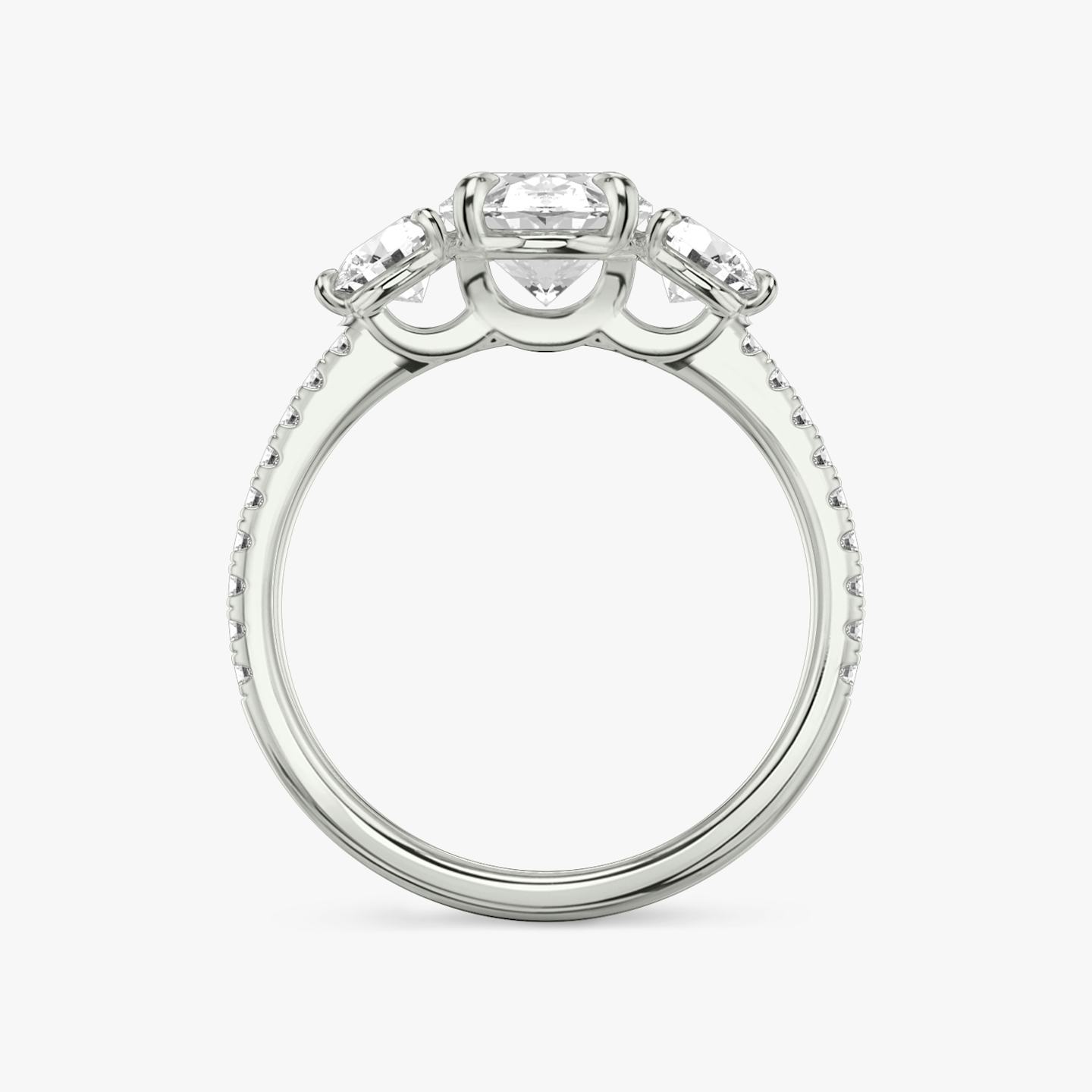 The Three Stone | Oval | Platinum | Band: Pavé | Side stone carat: 1/4 | Side stone shape: Round Brilliant | Diamond orientation: vertical | Carat weight: See full inventory