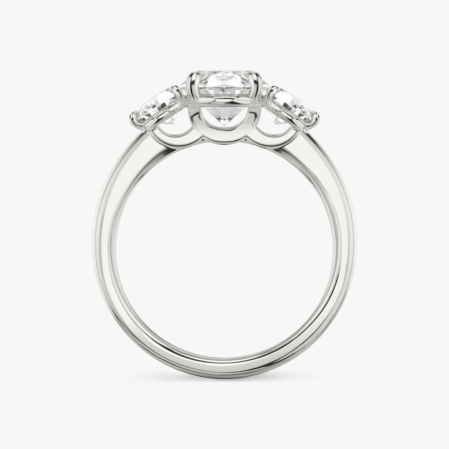 The Three Stone | Oval | Platinum | Band: Plain | Side stone carat: 1/4 | Side stone shape: Round Brilliant | Diamond orientation: vertical | Carat weight: See full inventory