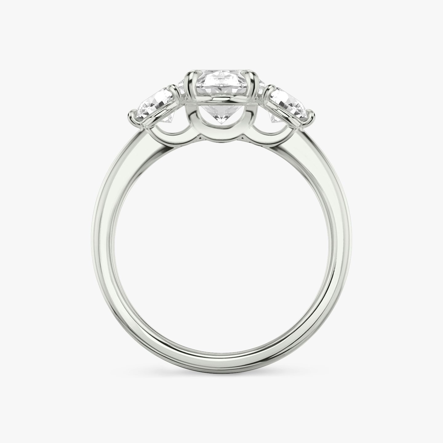 The Three Stone | Oval | Platinum | Band: Plain | Side stone carat: 1/4 | Side stone shape: Round Brilliant | Diamond orientation: vertical | Carat weight: See full inventory
