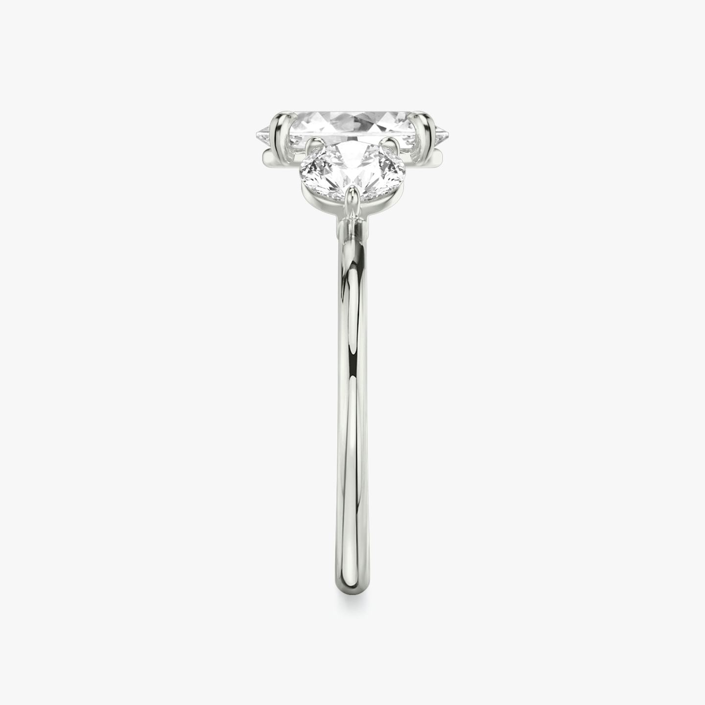 The Three Stone | Oval | 18k | 18k White Gold | Band: Plain | Side stone carat: 1/2 | Side stone shape: Round Brilliant | Diamond orientation: vertical | Carat weight: See full inventory