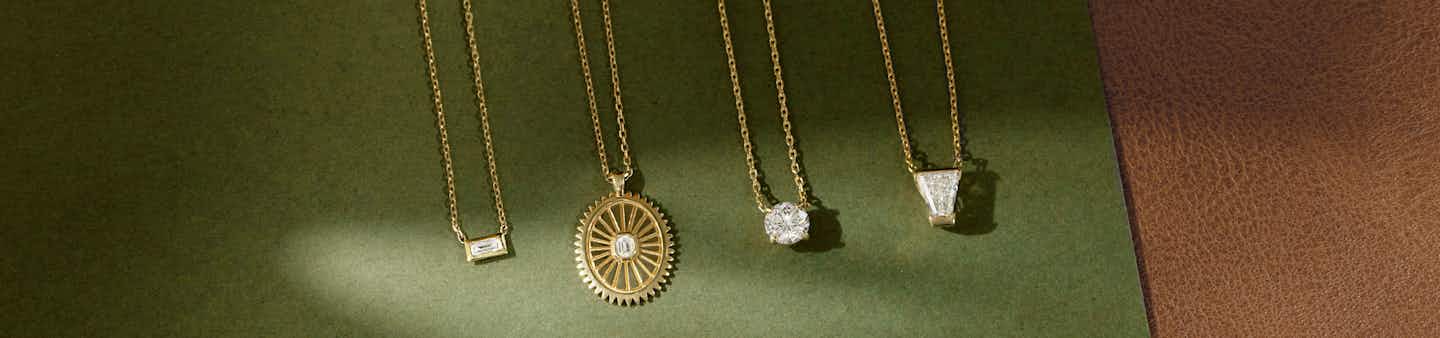 Baguette necklace, Medallion, Round Solitaire necklace, Keystone necklace