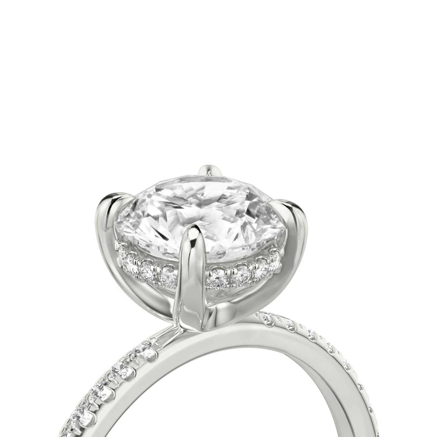 The Classic Hidden Halo | Round Brilliant | Platinum | Band: Pavé | Carat weight: See full inventory | Prong style: Plain | Diamond orientation: vertical