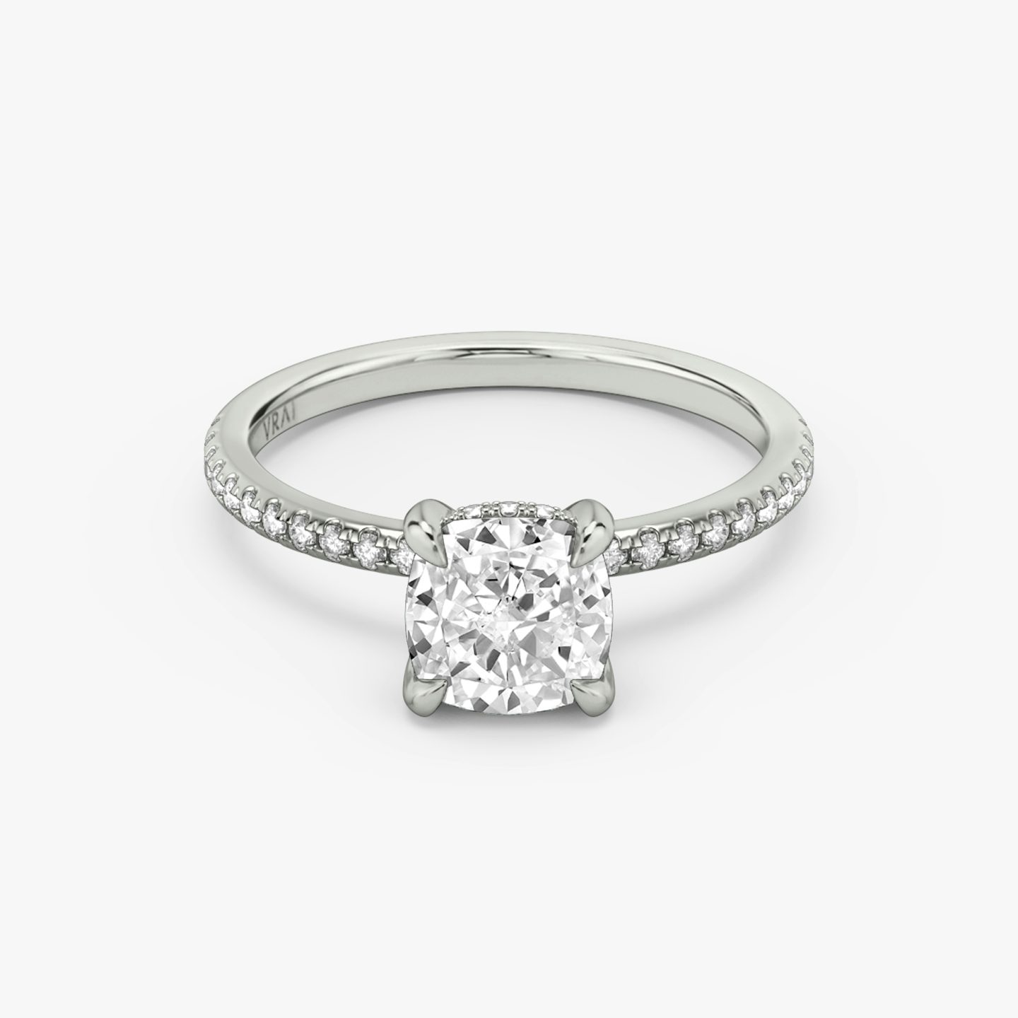 The Classic Hidden Halo | Pavé Cushion | Platinum | Band: Pavé | Prong style: Plain | Diamond orientation: vertical | Carat weight: See full inventory