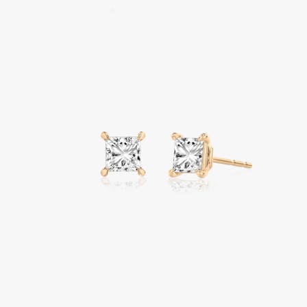 Two studs with a princess cut diamond in rose gold front view