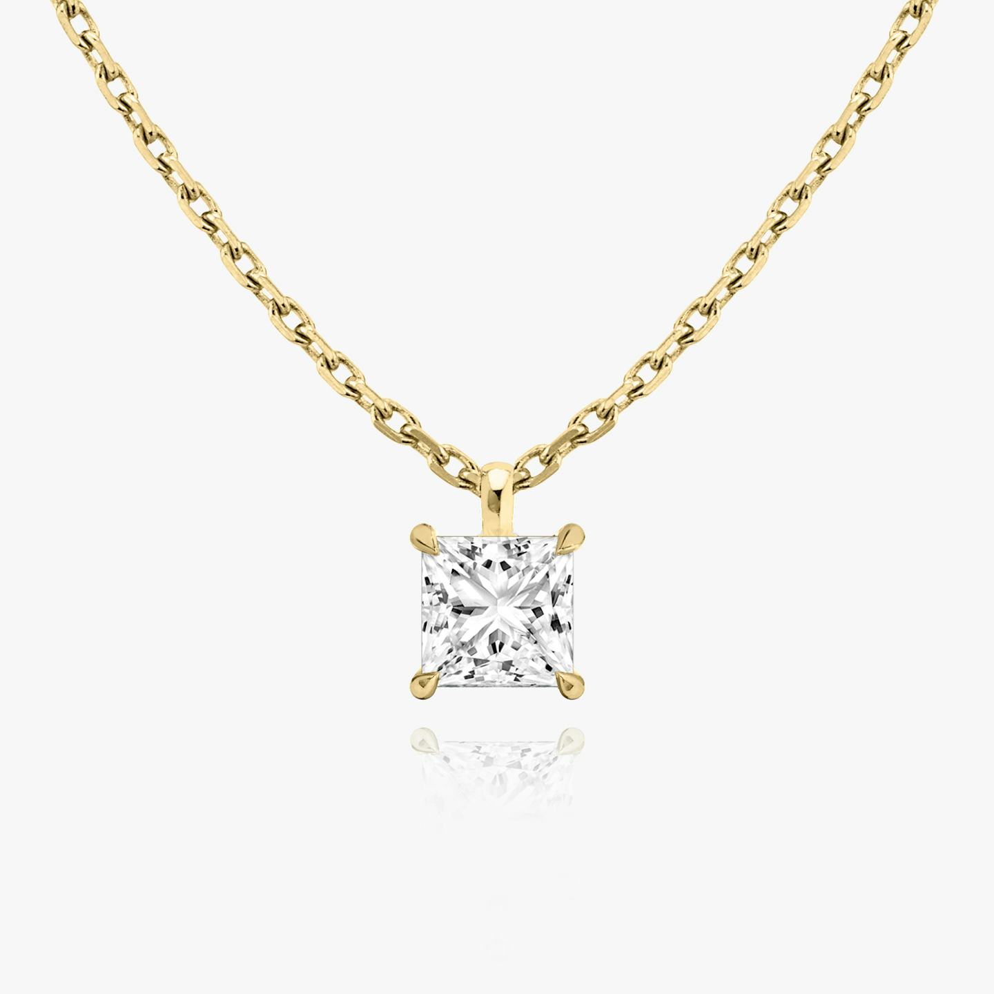 Princess cut diamond pendant in yellow gold front view