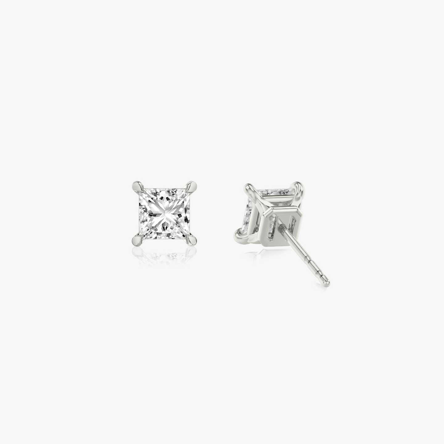 Two studs with a princess cut diamond in white gold back view