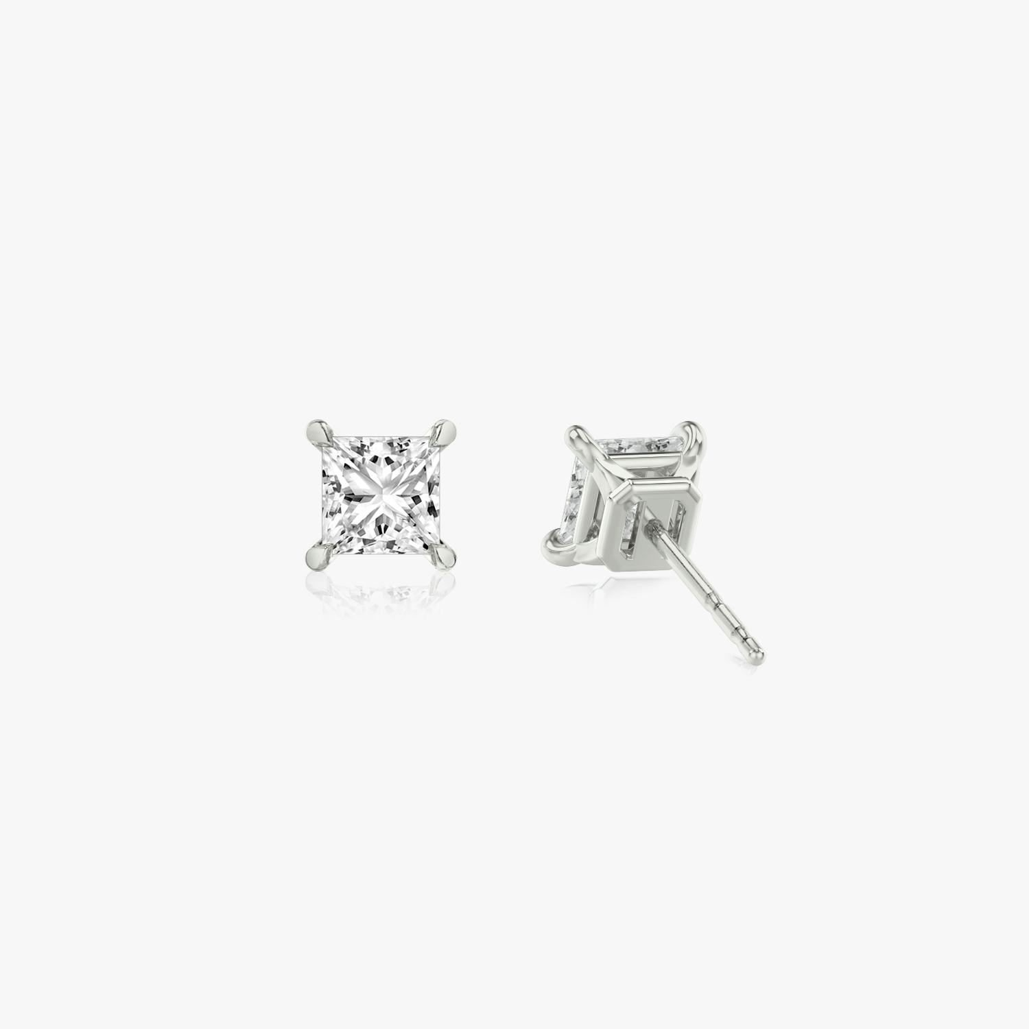 Two studs with a princess cut diamond in white gold back view