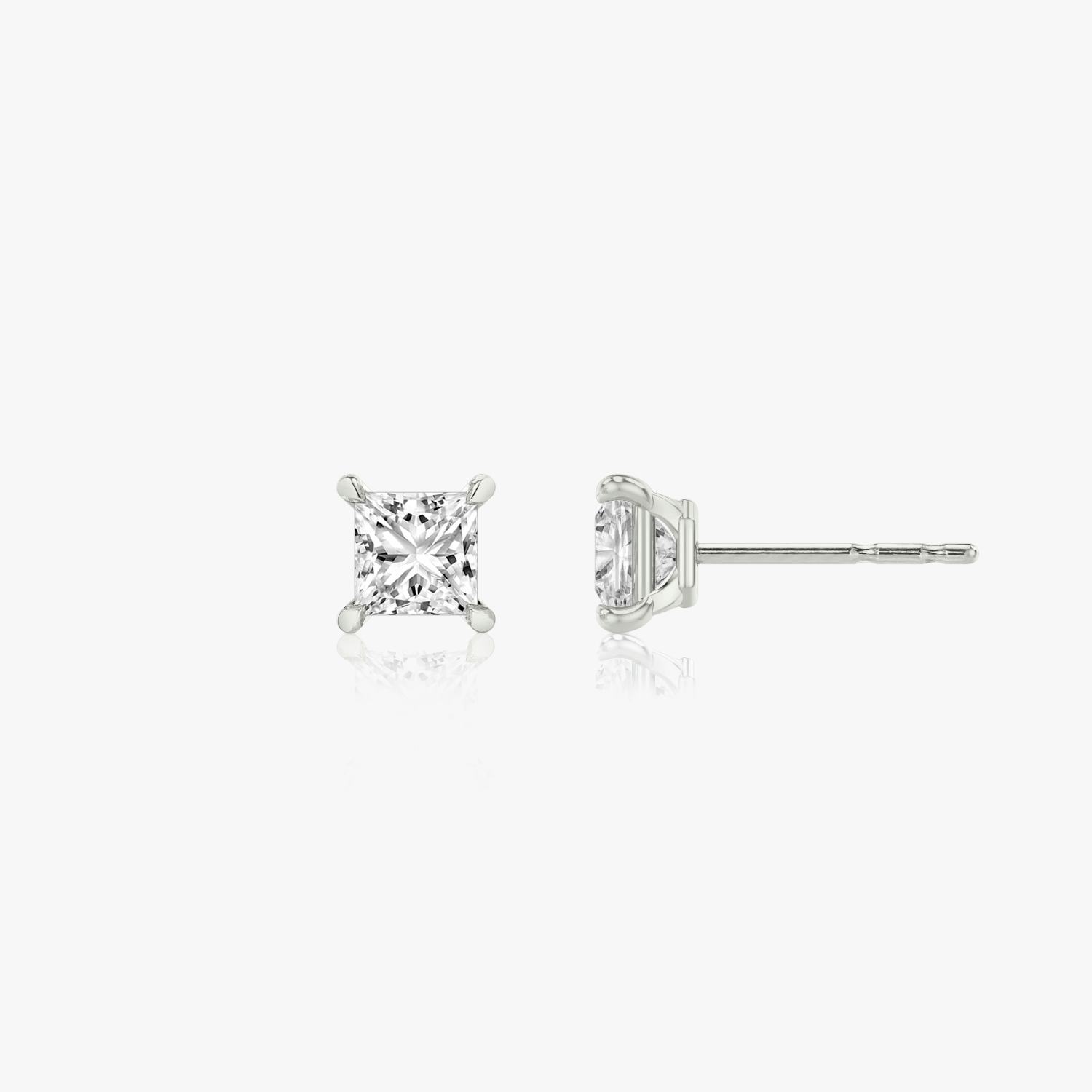 Two studs with a princess cut diamond in white gold side view