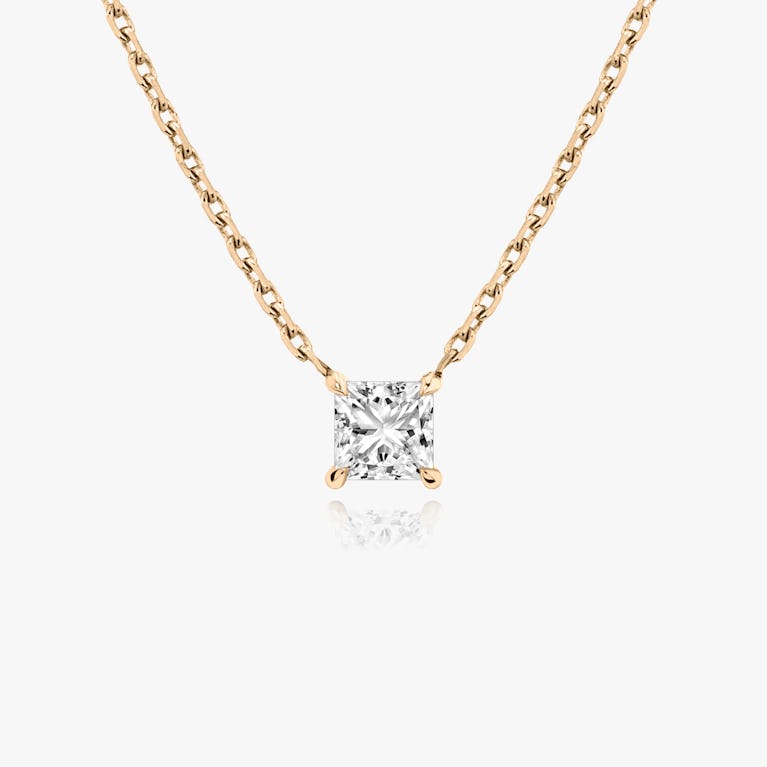 Princess cut diamond necklace in rose gold front view