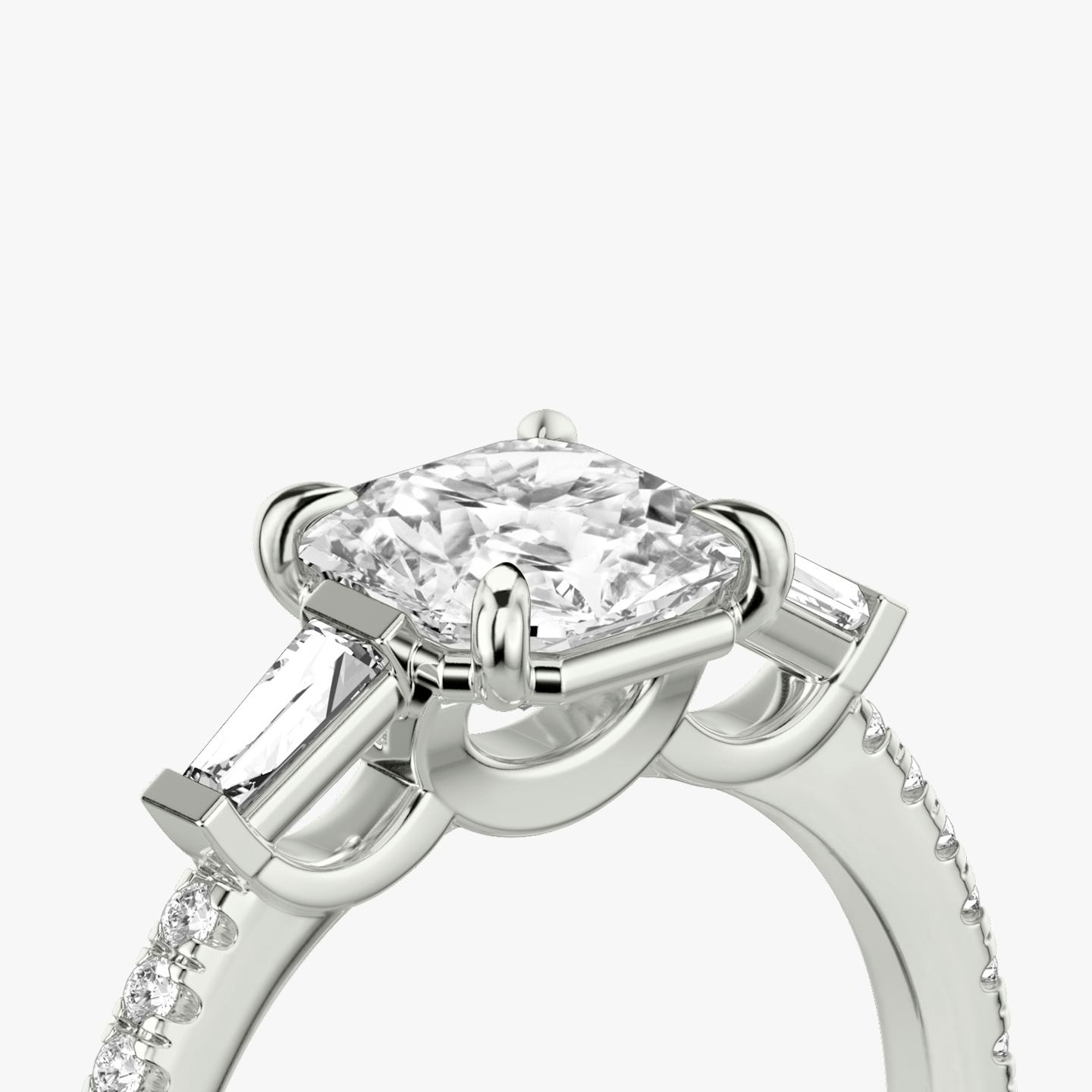 The Three Stone | Asscher | Platinum | Band: Pavé | Side stone carat: 1/10 | Side stone shape: Tapered Baguette | Diamond orientation: vertical | Carat weight: See full inventory