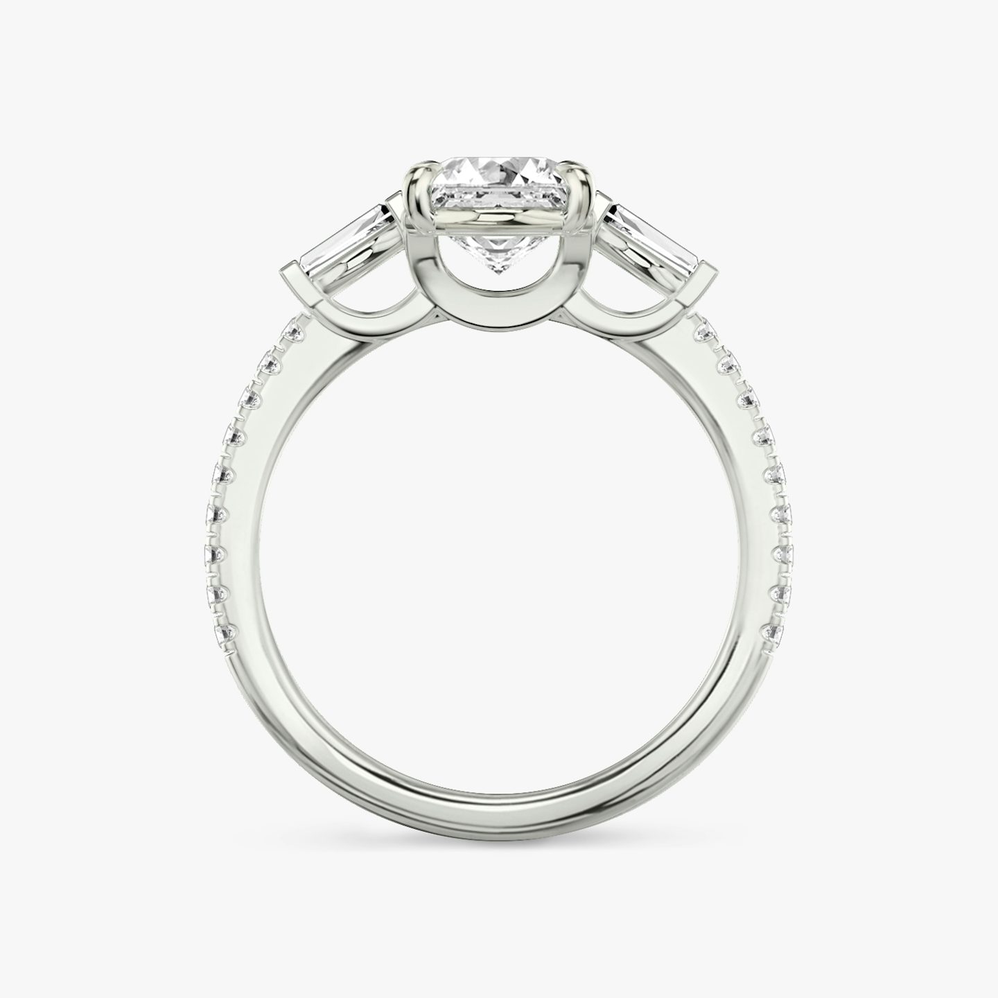 The Three Stone | Asscher | 18k | 18k White Gold | Band: Pavé | Side stone carat: 1/10 | Side stone shape: Tapered Baguette | Diamond orientation: vertical | Carat weight: See full inventory