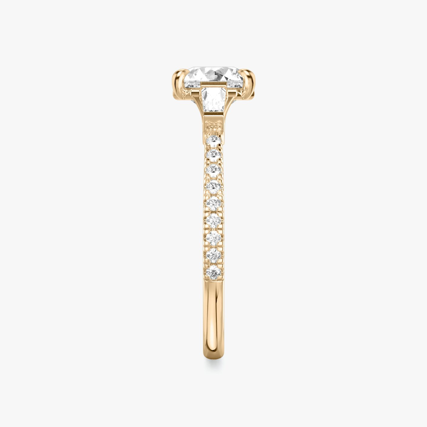 The Three Stone | Asscher | 14k | 14k Rose Gold | Band: Pavé | Side stone carat: 1/10 | Side stone shape: Tapered Baguette | Diamond orientation: vertical | Carat weight: See full inventory