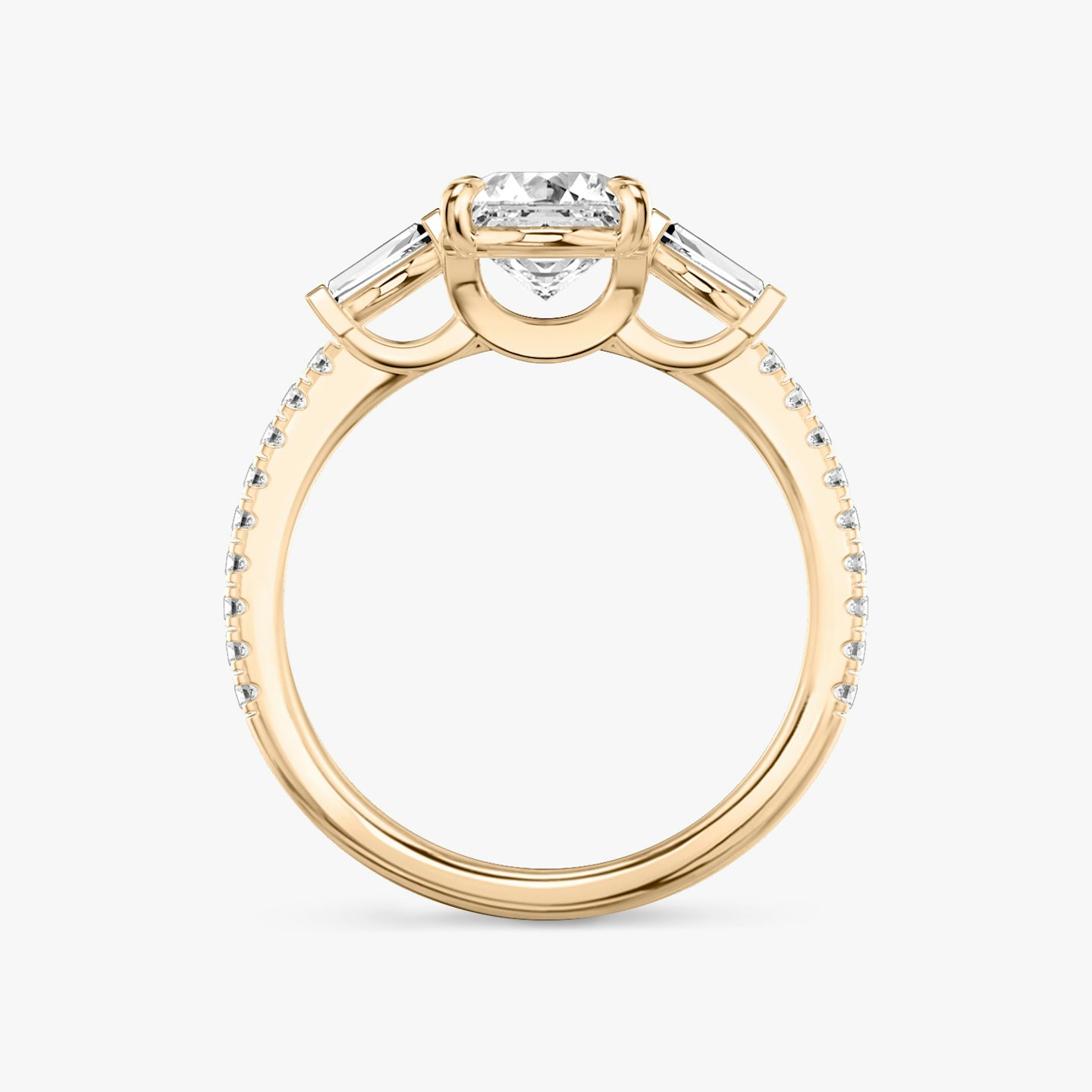 The Three Stone | Asscher | 14k | 14k Rose Gold | Band: Pavé | Side stone carat: 1/10 | Side stone shape: Tapered Baguette | Diamond orientation: vertical | Carat weight: See full inventory