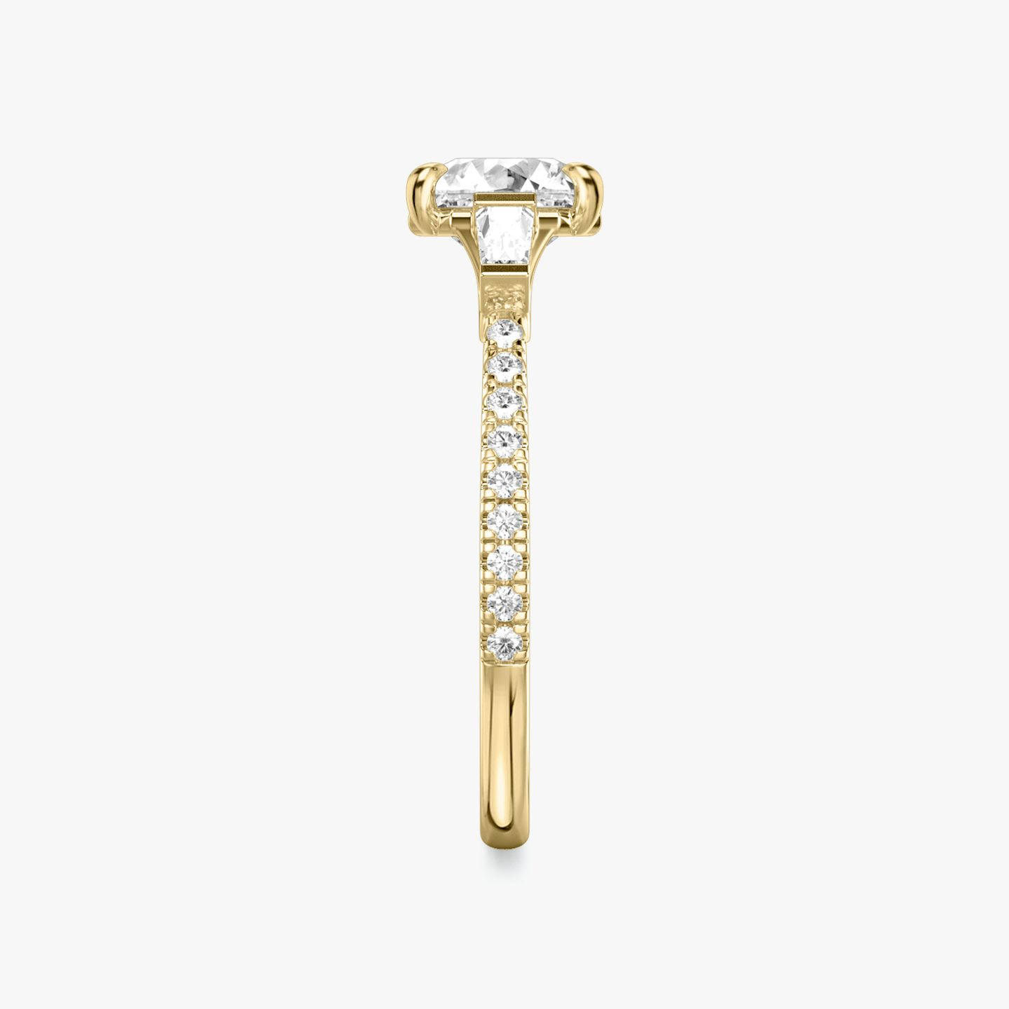 The Three Stone | Asscher | 18k | 18k Yellow Gold | Band: Pavé | Side stone carat: 1/10 | Side stone shape: Tapered Baguette | Diamond orientation: vertical | Carat weight: See full inventory