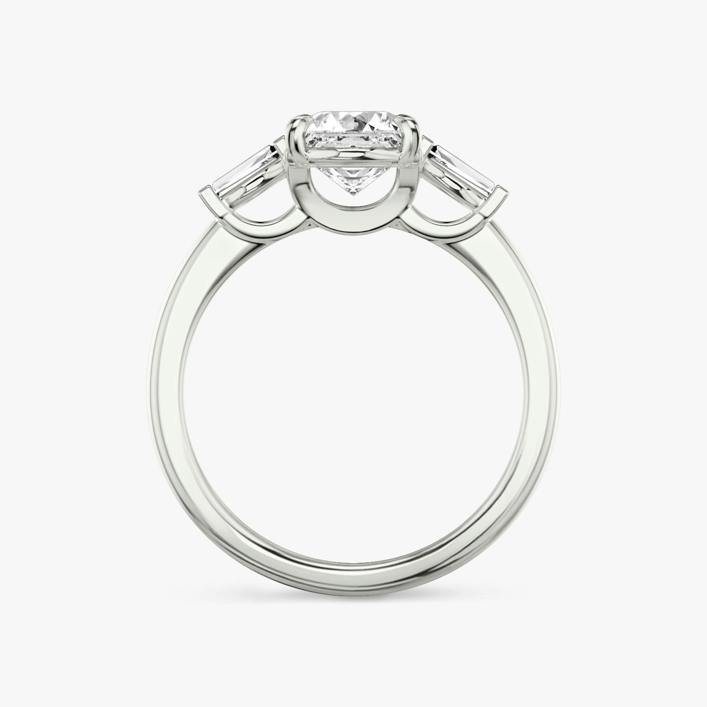 The Three Stone | Asscher | Platinum | Band: Plain | Side stone carat: 1/10 | Side stone shape: Tapered Baguette | Diamond orientation: vertical | Carat weight: See full inventory