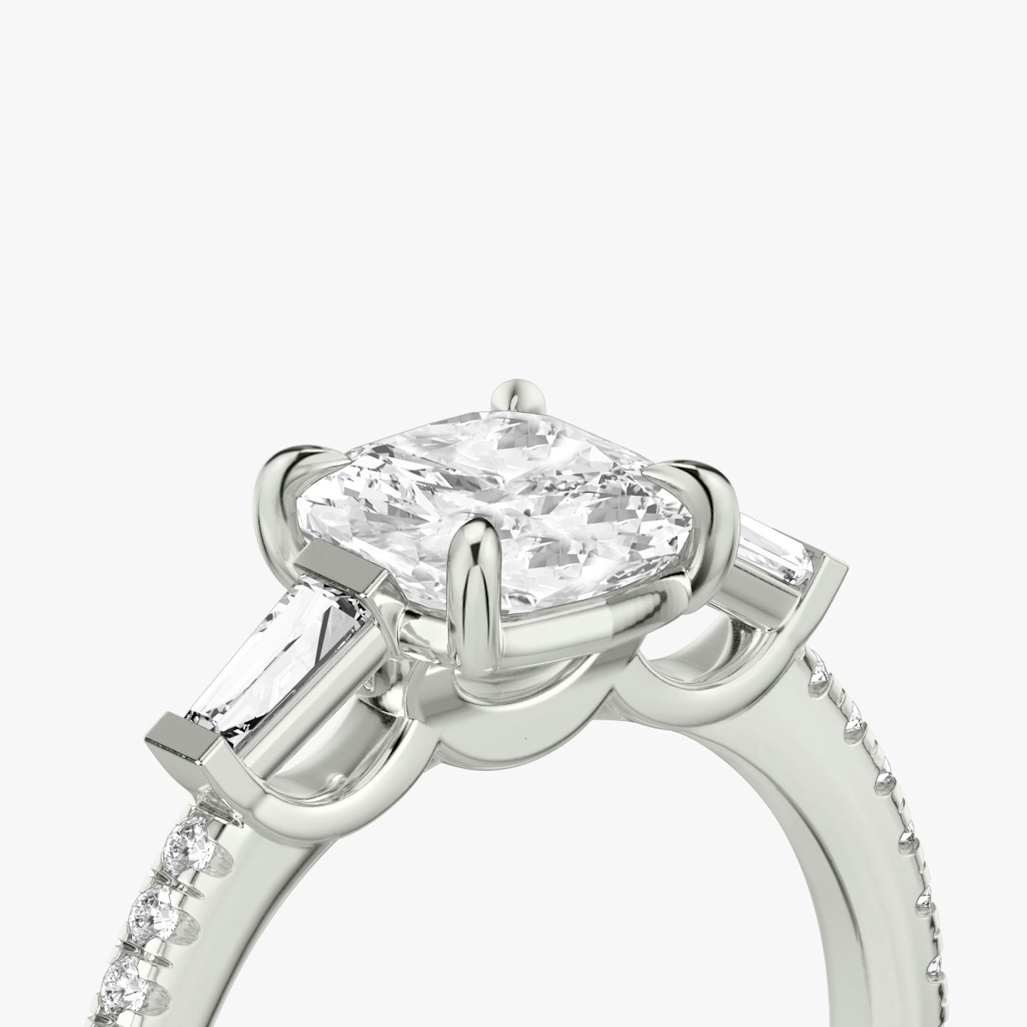 The Three Stone | Pavé Cushion | 18k | 18k White Gold | Band: Pavé | Side stone carat: 1/10 | Side stone shape: Tapered Baguette | Diamond orientation: vertical | Carat weight: See full inventory