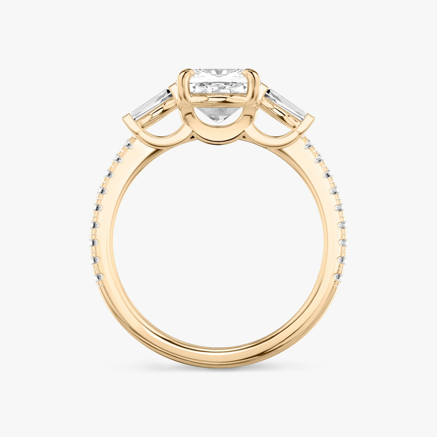 The Three Stone | Pavé Cushion | 14k | 14k Rose Gold | Band: Pavé | Side stone carat: 1/10 | Side stone shape: Tapered Baguette | Diamond orientation: vertical | Carat weight: See full inventory