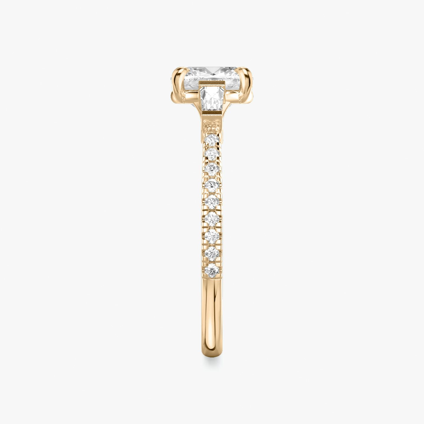 The Three Stone | Pavé Cushion | 14k | 14k Rose Gold | Band: Pavé | Side stone carat: 1/10 | Side stone shape: Tapered Baguette | Diamond orientation: vertical | Carat weight: See full inventory