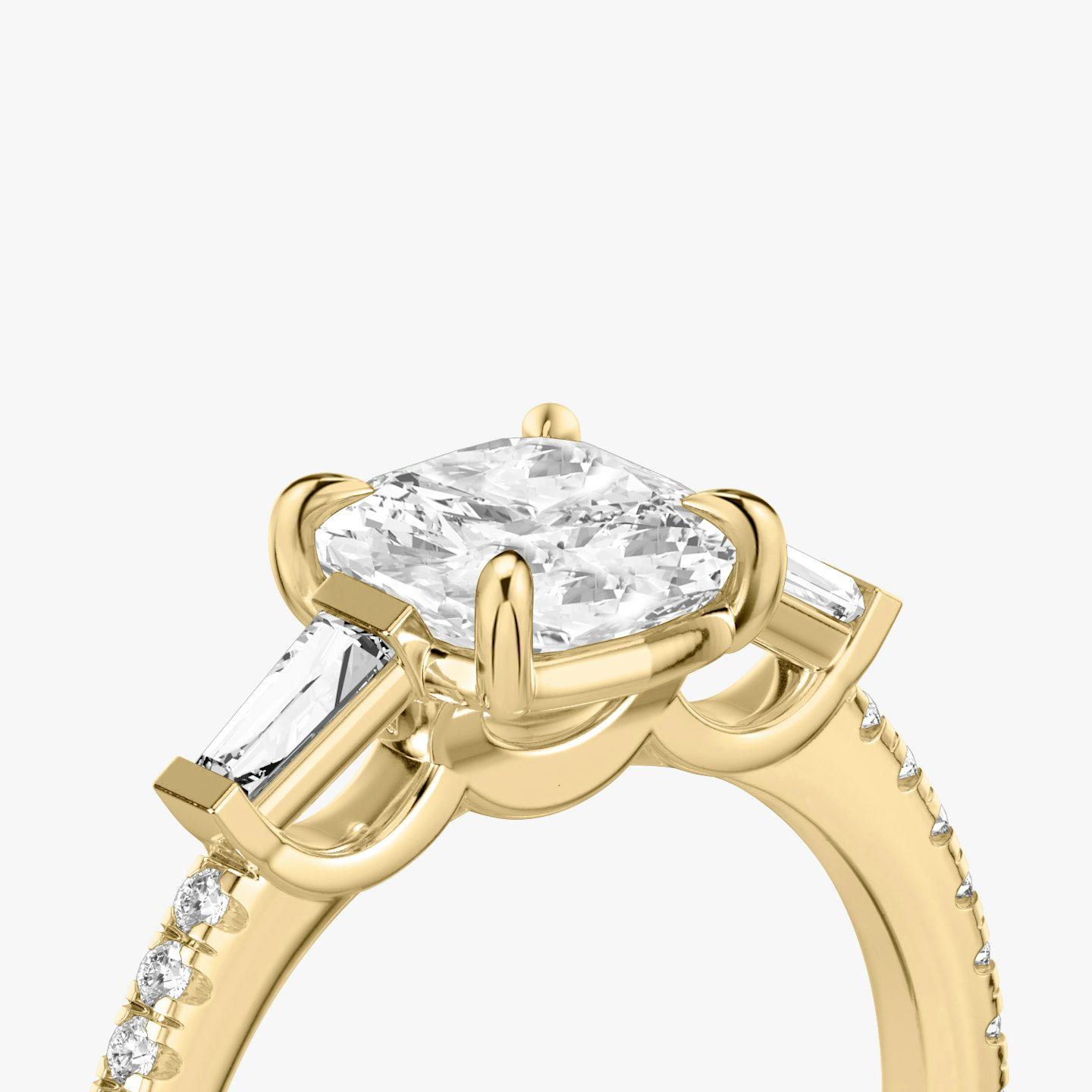 The Three Stone | Pavé Cushion | 18k | 18k Yellow Gold | Band: Pavé | Side stone carat: 1/10 | Side stone shape: Tapered Baguette | Diamond orientation: vertical | Carat weight: See full inventory