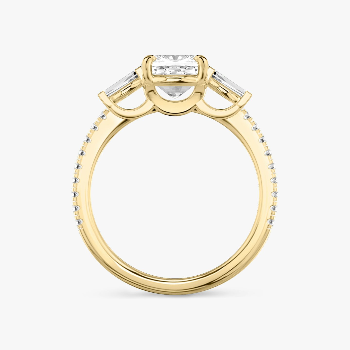 The Three Stone | Pavé Cushion | 18k | 18k Yellow Gold | Band: Pavé | Side stone carat: 1/10 | Side stone shape: Tapered Baguette | Diamond orientation: vertical | Carat weight: See full inventory