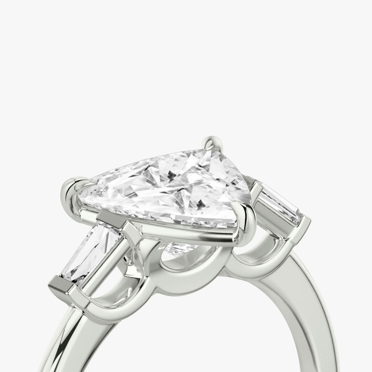 The Three Stone | Trillion | Platinum | Band: Plain | Side stone carat: 1/10 | Side stone shape: Tapered Baguette | Diamond orientation: vertical | Carat weight: See full inventory