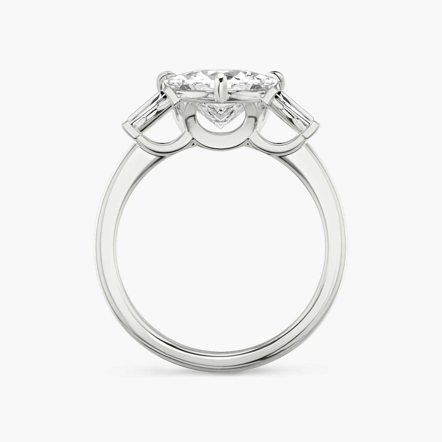 The Three Stone | Trillion | 18k | 18k White Gold | Band: Plain | Side stone carat: 1/10 | Side stone shape: Tapered Baguette | Diamond orientation: vertical | Carat weight: See full inventory