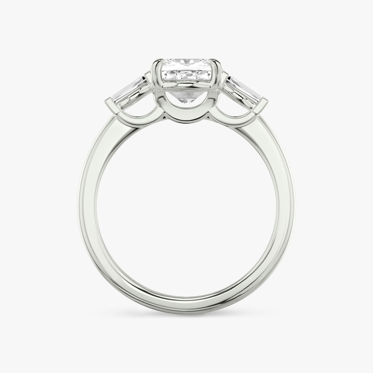 The Three Stone | Pavé Cushion | 18k | 18k White Gold | Band: Plain | Side stone carat: 1/10 | Side stone shape: Tapered Baguette | Diamond orientation: vertical | Carat weight: See full inventory