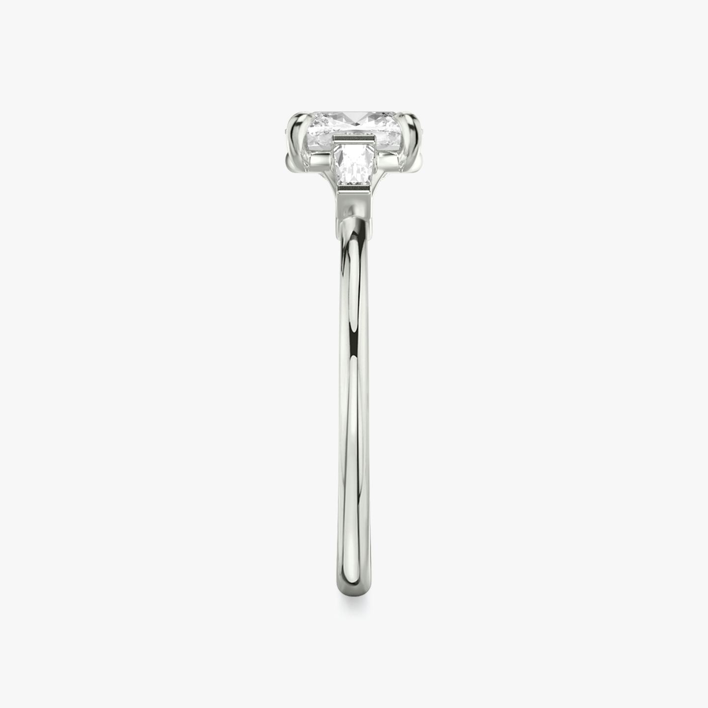 The Three Stone | Pavé Cushion | Platinum | Band: Plain | Side stone carat: 1/10 | Side stone shape: Tapered Baguette | Diamond orientation: vertical | Carat weight: See full inventory