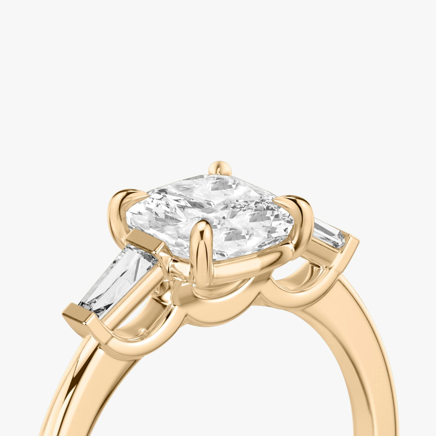 The Three Stone | Pavé Cushion | 14k | 14k Rose Gold | Band: Plain | Side stone carat: 1/10 | Side stone shape: Tapered Baguette | Diamond orientation: vertical | Carat weight: See full inventory