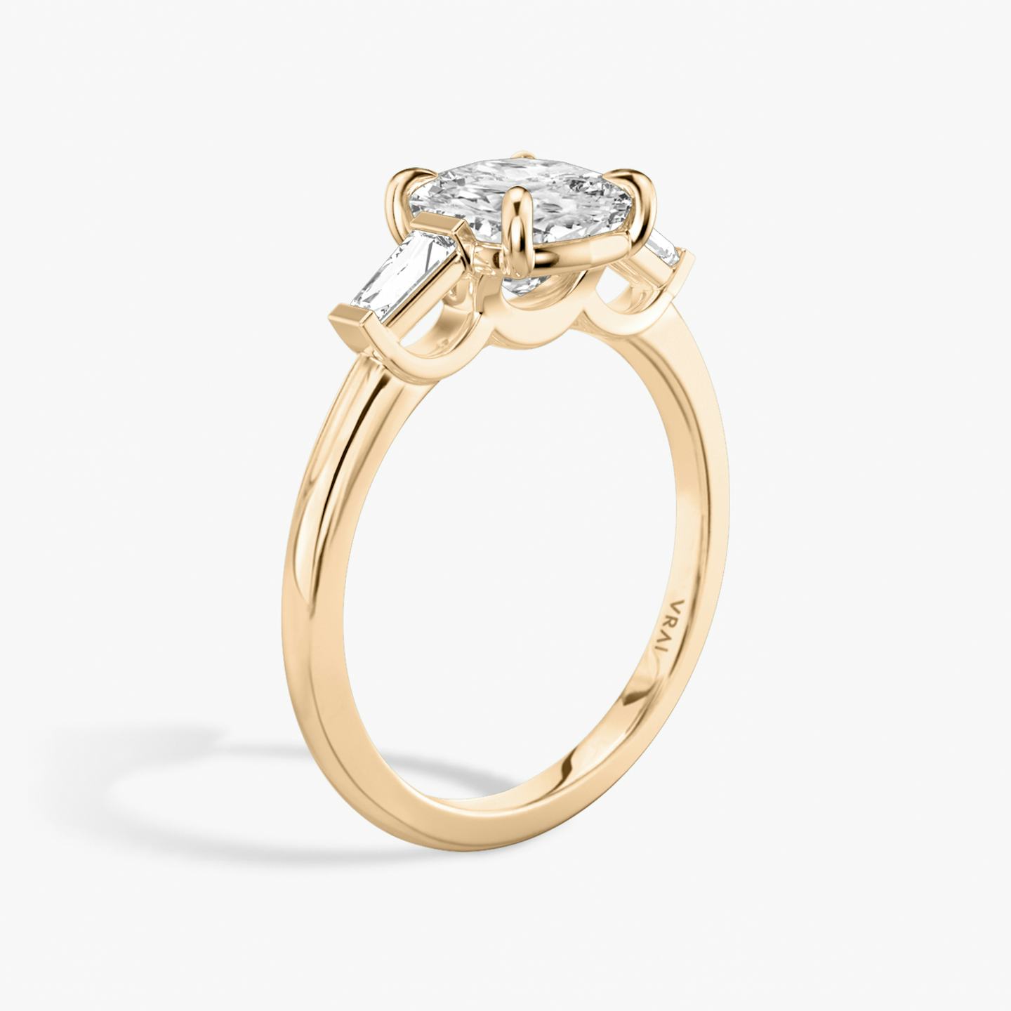 The Three Stone | Pavé Cushion | 14k | 14k Rose Gold | Band: Plain | Side stone carat: 1/10 | Side stone shape: Tapered Baguette | Diamond orientation: vertical | Carat weight: See full inventory