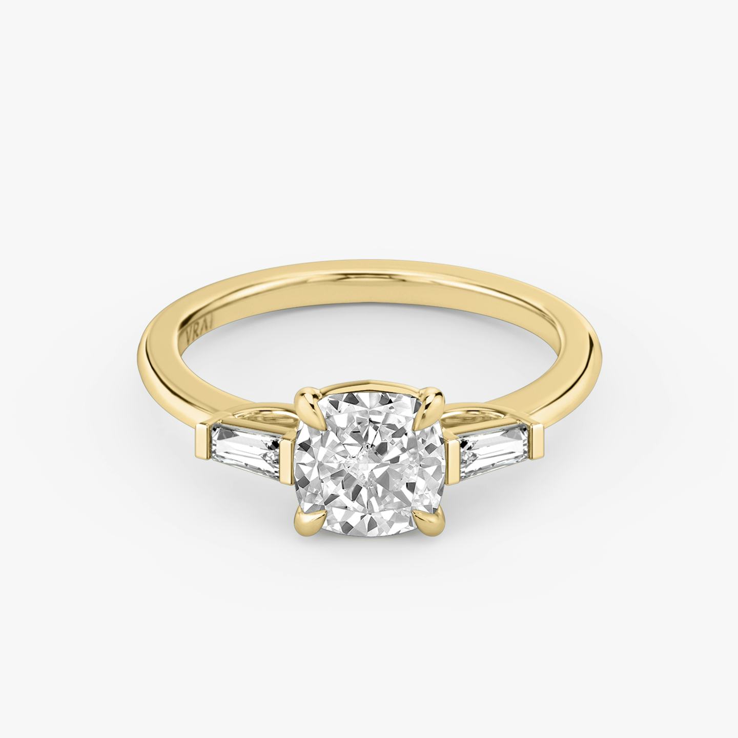 The Three Stone | Pavé Cushion | 18k | 18k Yellow Gold | Band: Plain | Side stone carat: 1/10 | Side stone shape: Tapered Baguette | Diamond orientation: vertical | Carat weight: See full inventory