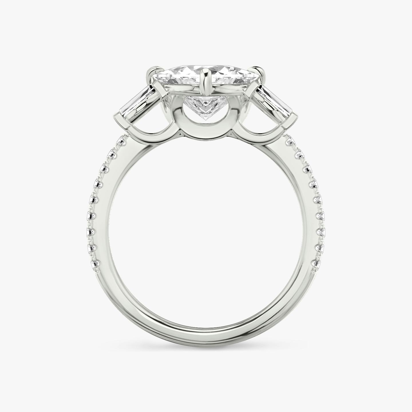 The Three Stone | Trillion | 18k | 18k White Gold | Band: Pavé | Side stone carat: 1/10 | Side stone shape: Tapered Baguette | Diamond orientation: vertical | Carat weight: See full inventory