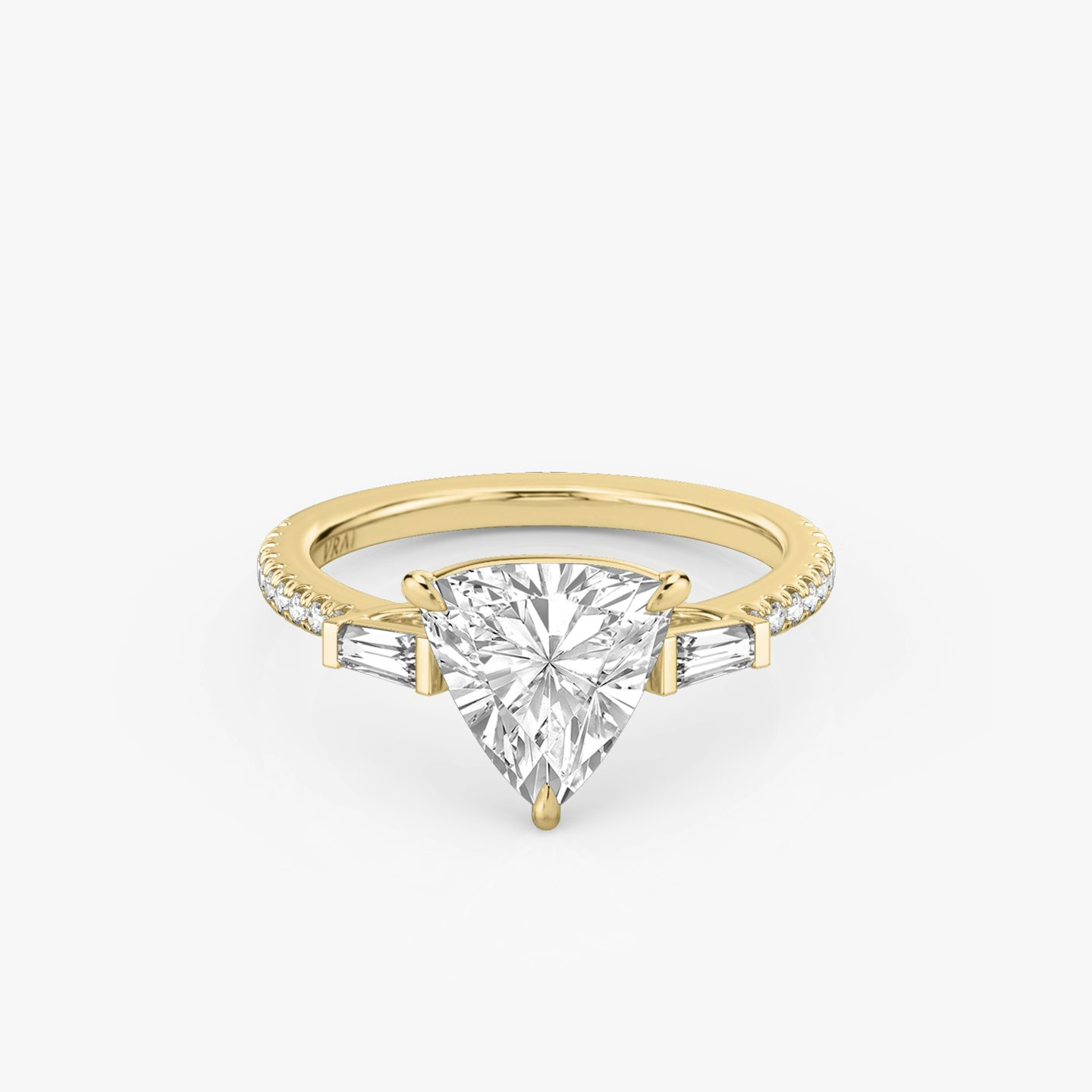 The Three Stone | Trillion | 18k | 18k Yellow Gold | Band: Pavé | Side stone carat: 1/10 | Side stone shape: Tapered Baguette | Diamond orientation: vertical | Carat weight: See full inventory