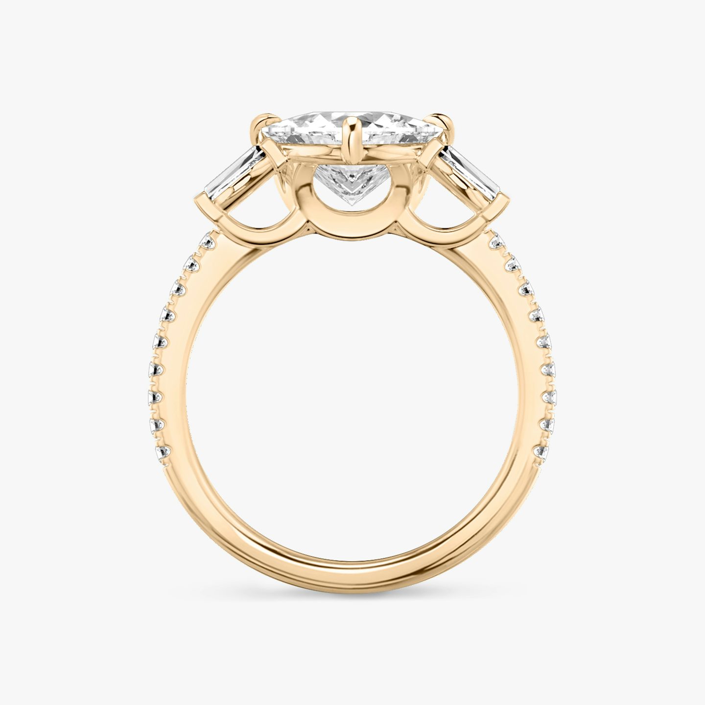 The Three Stone | Trillion | 14k | 14k Rose Gold | Band: Pavé | Side stone carat: 1/10 | Side stone shape: Tapered Baguette | Diamond orientation: vertical | Carat weight: See full inventory
