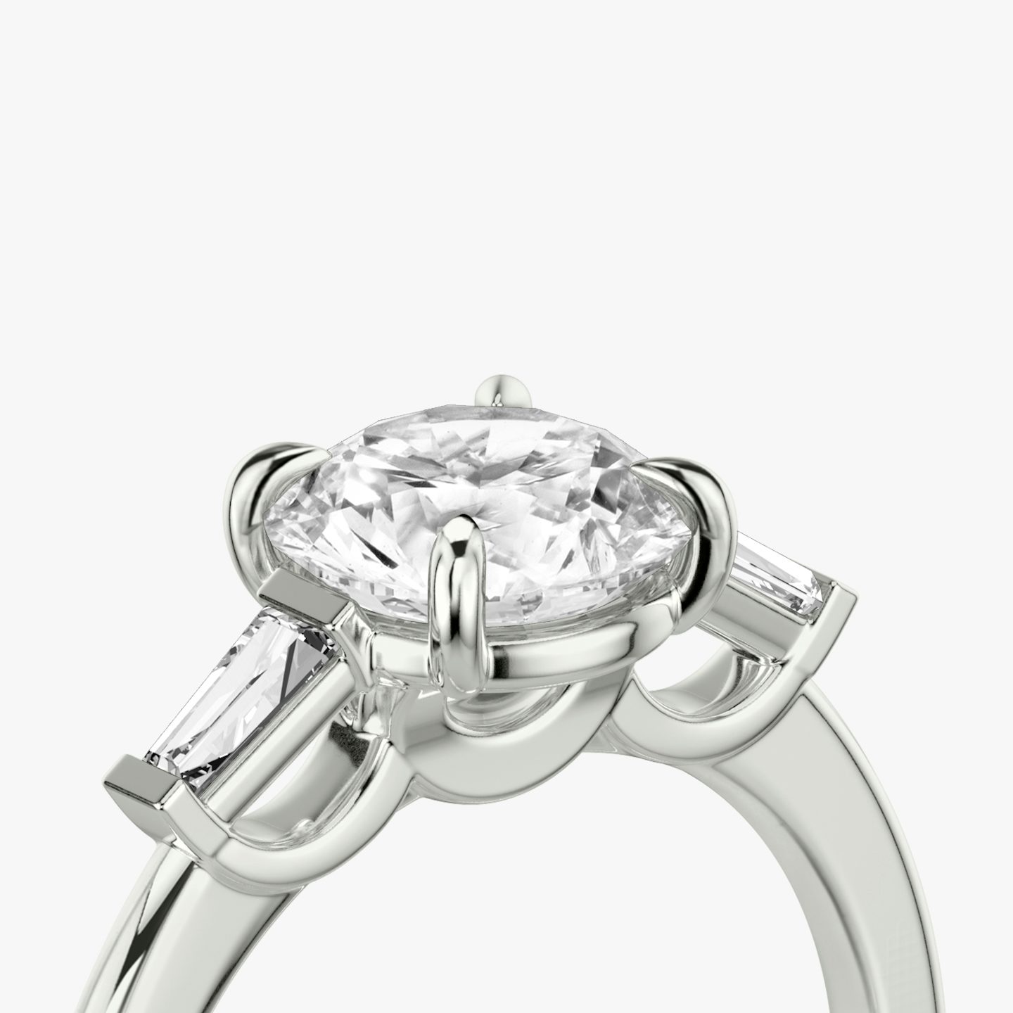 The Three Stone | Round Brilliant | 18k | 18k White Gold | Band: Plain | Carat weight: 1 | Side stone carat: 1/10 | Side stone shape: Tapered Baguette | Diamond orientation: vertical