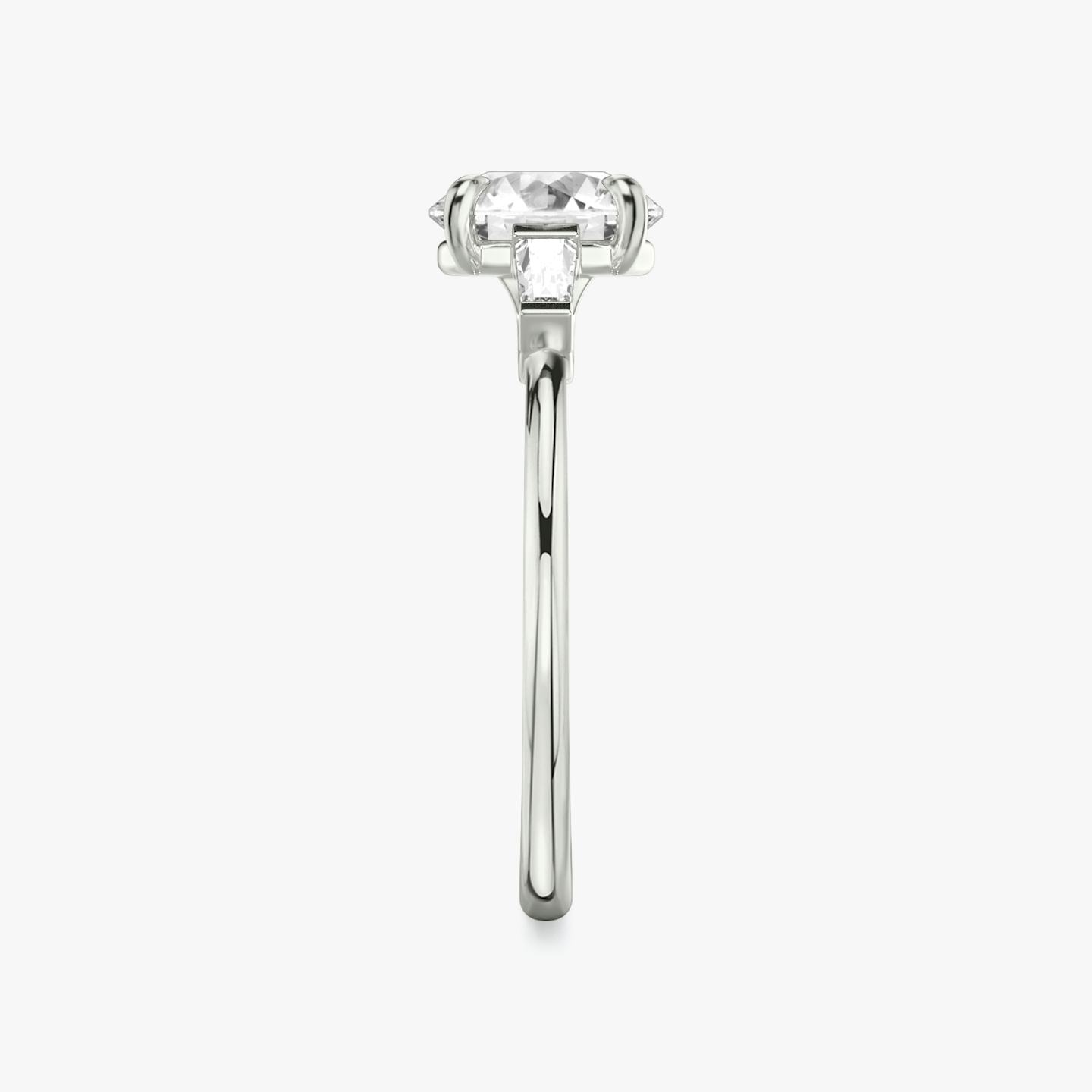 The Three Stone | Round Brilliant | 18k | 18k White Gold | Band: Plain | Carat weight: 1 | Side stone carat: 1/10 | Side stone shape: Tapered Baguette | Diamond orientation: vertical