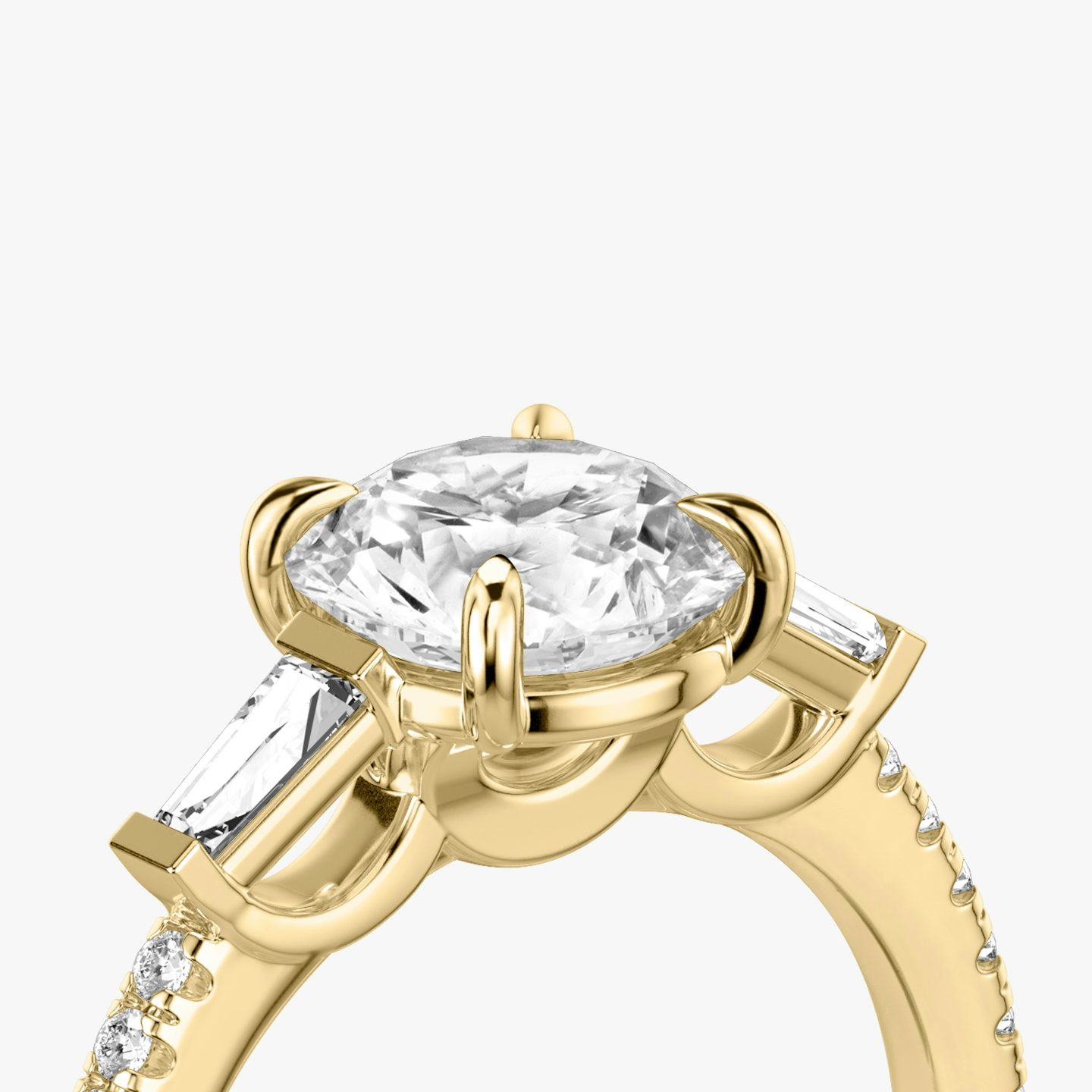 undefined | Round Brilliant | 18k | 18k Yellow Gold | Band: Pavé | Carat weight: 1 | Side stone carat: 1/10 | Side stone shape: Tapered Baguette | Diamond orientation: vertical