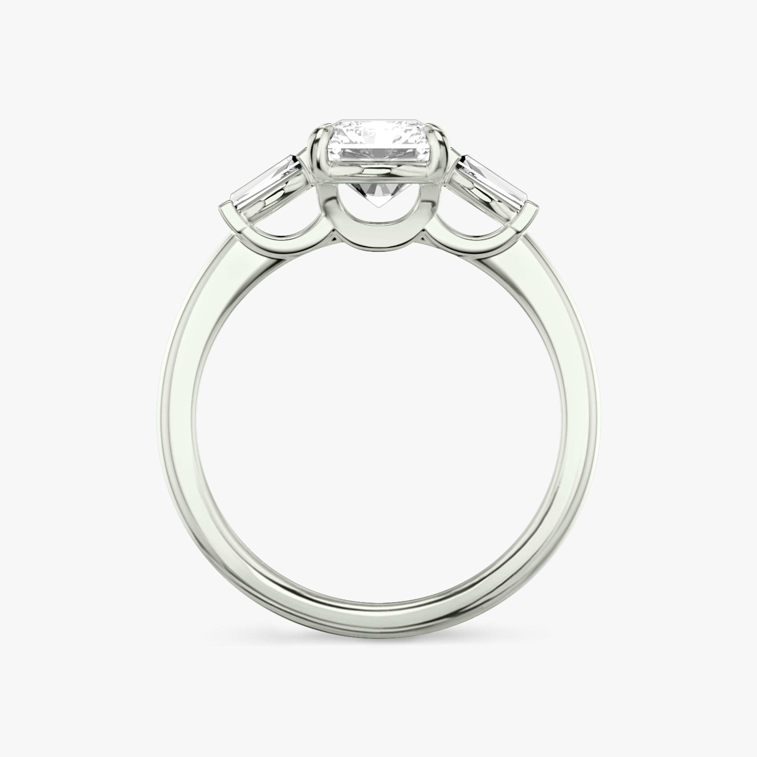 The Three Stone | Radiant | Platinum | Band: Plain | Side stone carat: 1/10 | Side stone shape: Tapered Baguette | Diamond orientation: vertical | Carat weight: See full inventory