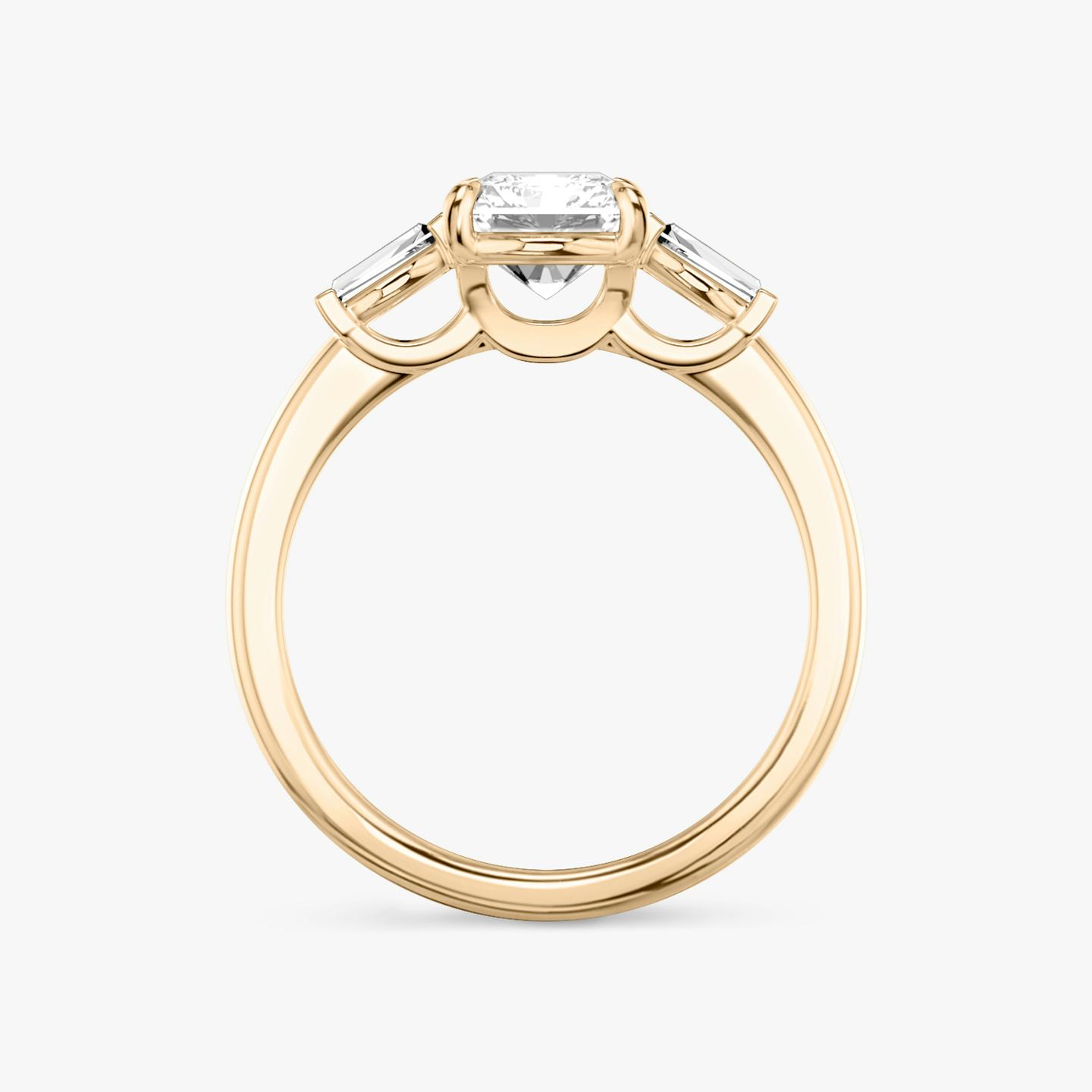The Three Stone | Radiant | 14k | 14k Rose Gold | Band: Plain | Side stone carat: 1/10 | Side stone shape: Tapered Baguette | Diamond orientation: vertical | Carat weight: See full inventory