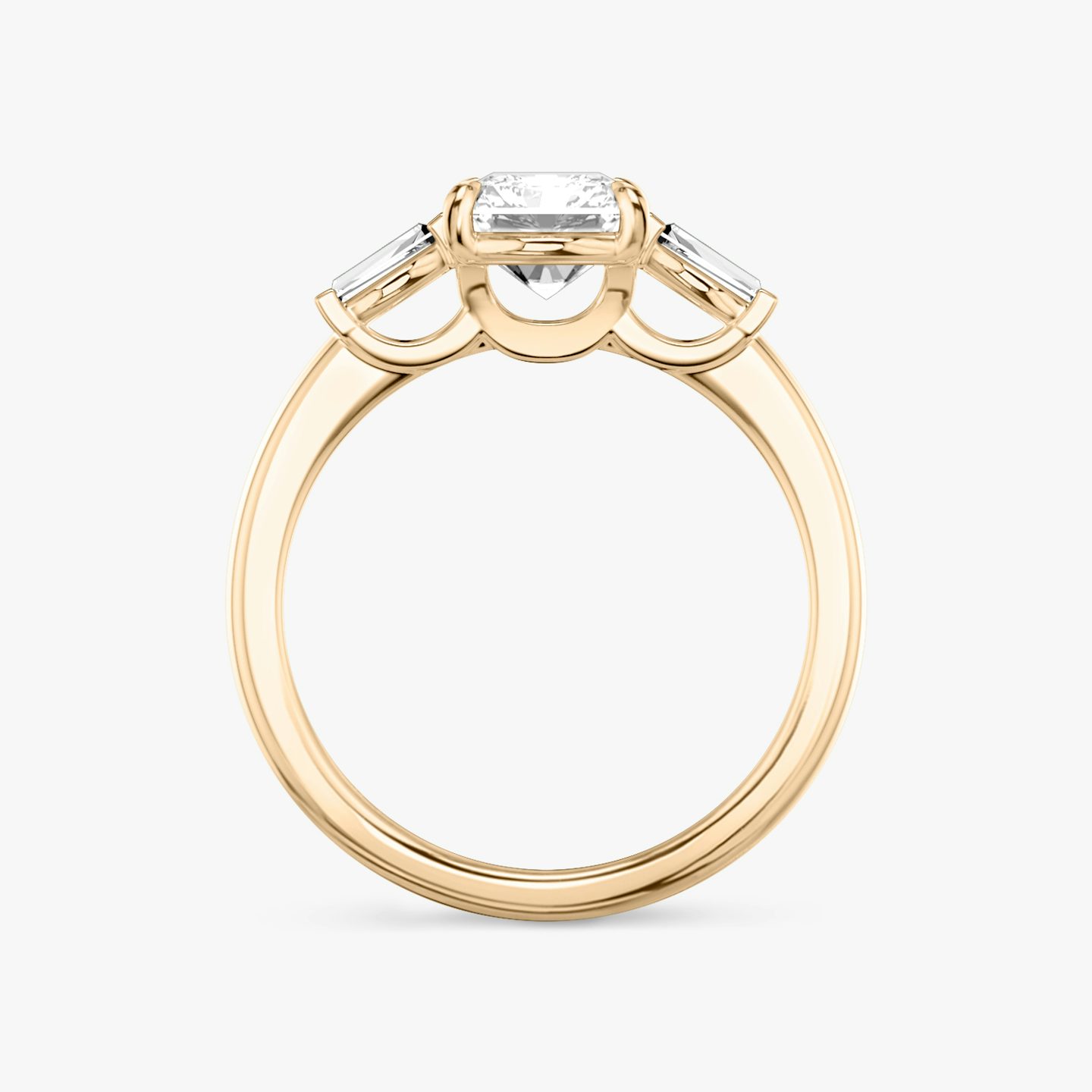 The Three Stone | Radiant | 14k | 14k Rose Gold | Band: Plain | Side stone carat: 1/10 | Side stone shape: Tapered Baguette | Diamond orientation: vertical | Carat weight: See full inventory