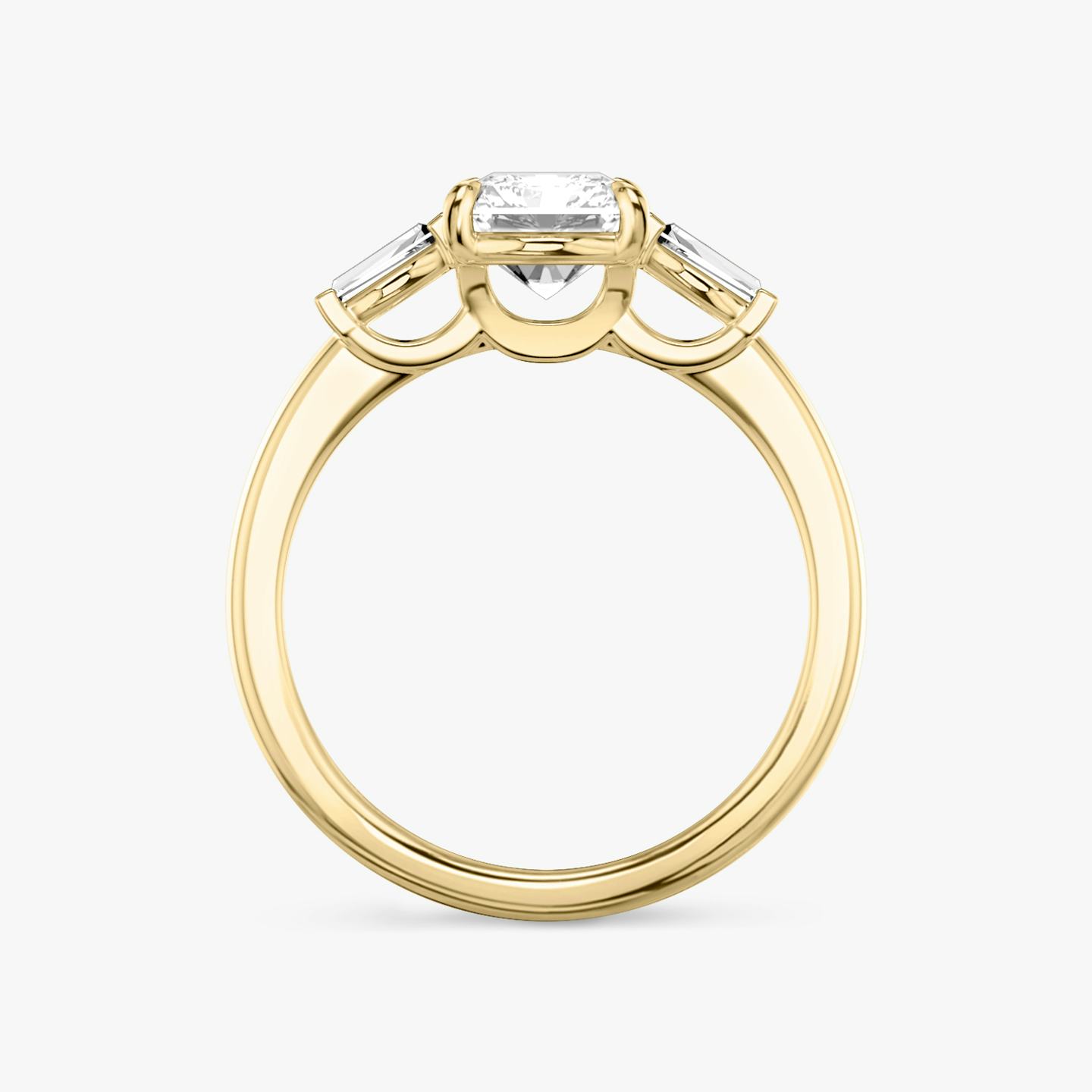 The Three Stone | Radiant | 18k | 18k Yellow Gold | Band: Plain | Side stone carat: 1/10 | Side stone shape: Tapered Baguette | Diamond orientation: vertical | Carat weight: See full inventory