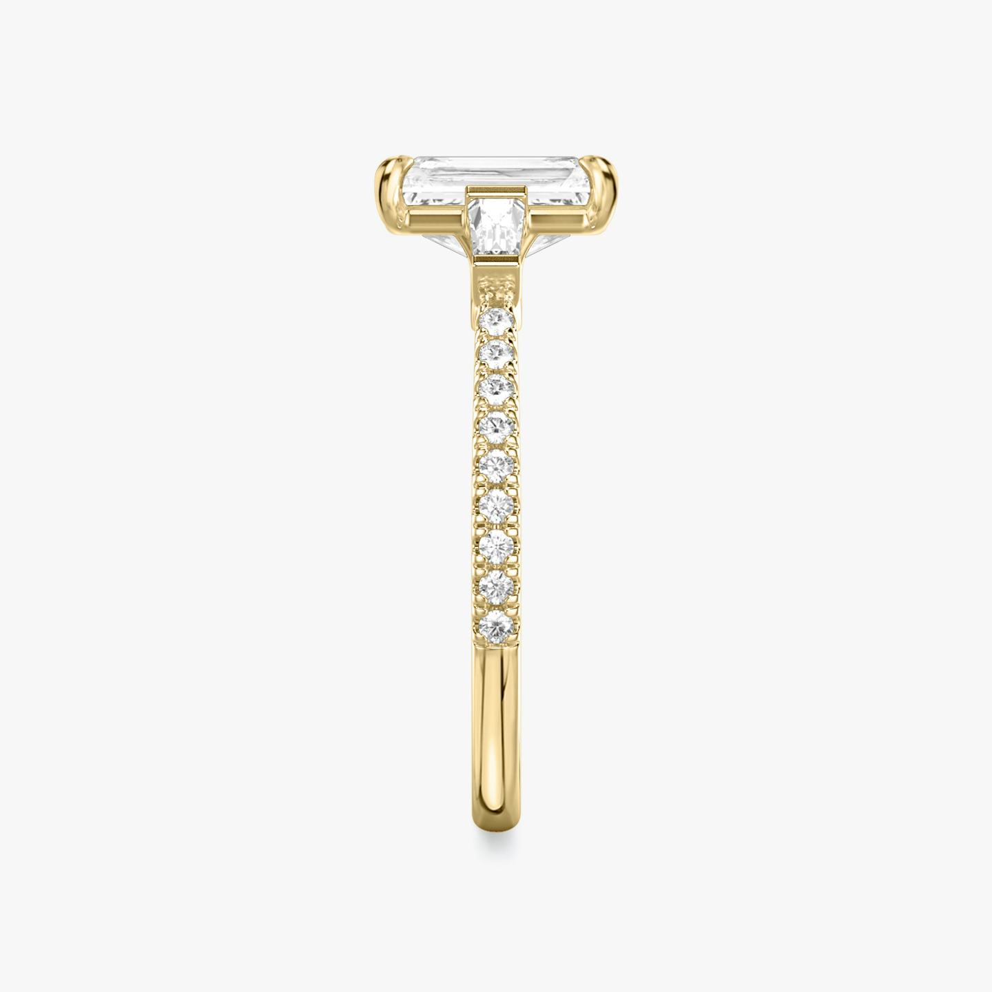 The Three Stone | Radiant | 18k | 18k Yellow Gold | Band: Pavé | Side stone carat: 1/10 | Side stone shape: Tapered Baguette | Diamond orientation: vertical | Carat weight: See full inventory